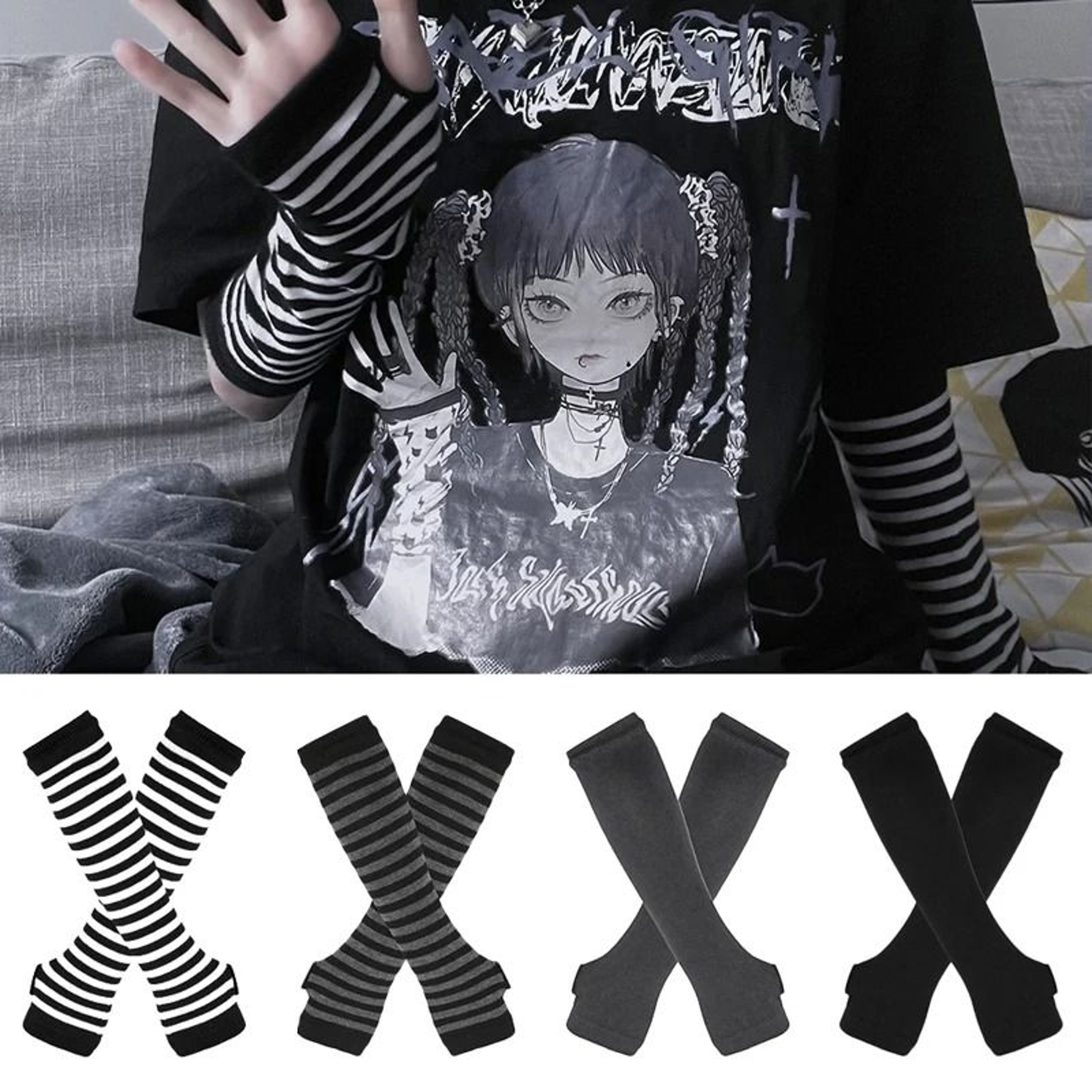 Winter Knit Fingerless Elbow Gloves Unisex  HipHop Stripe Arm Warmers 0