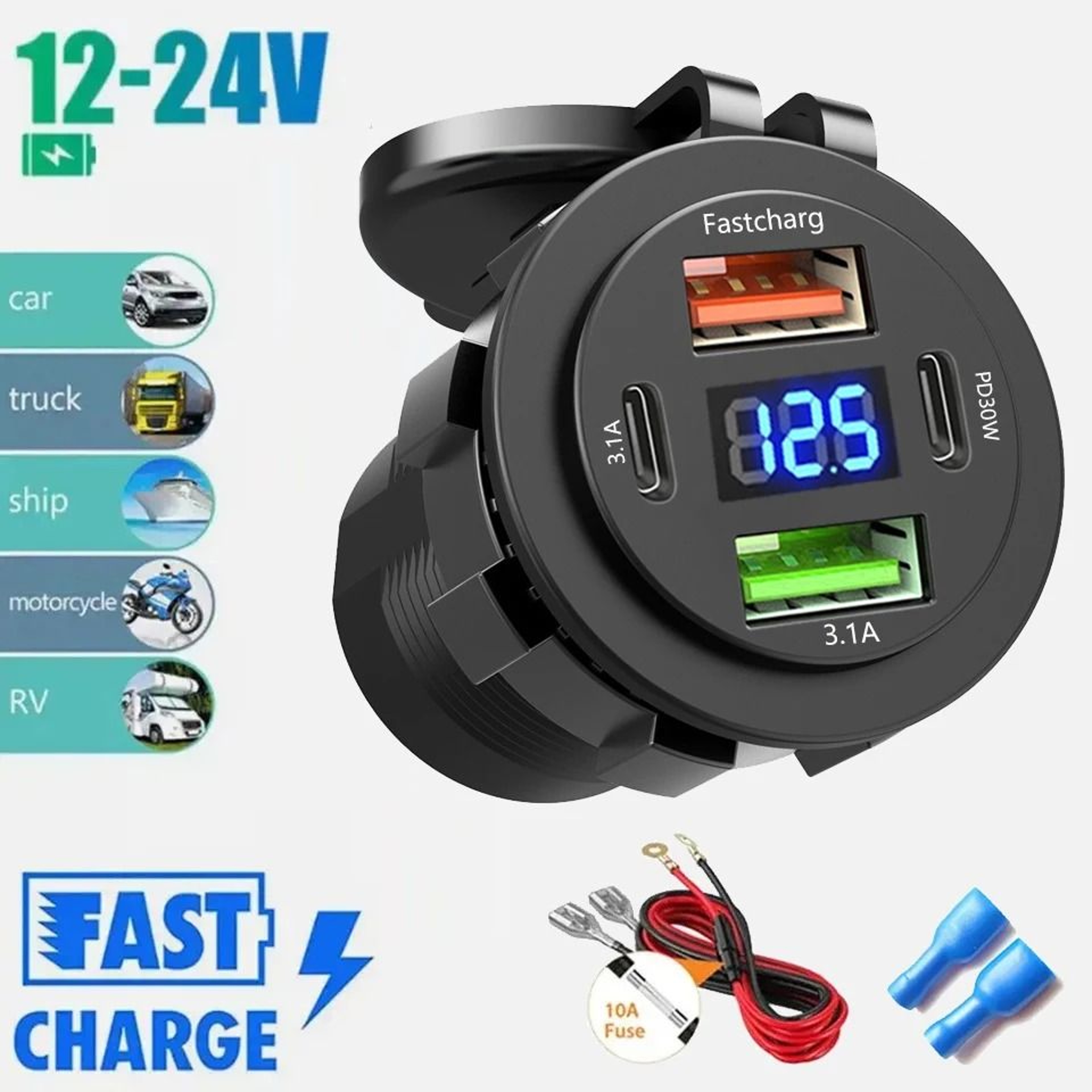 Car Charger Socket Dual Type C And Dual USB Fast Charging Socket With Voltmeter 2
