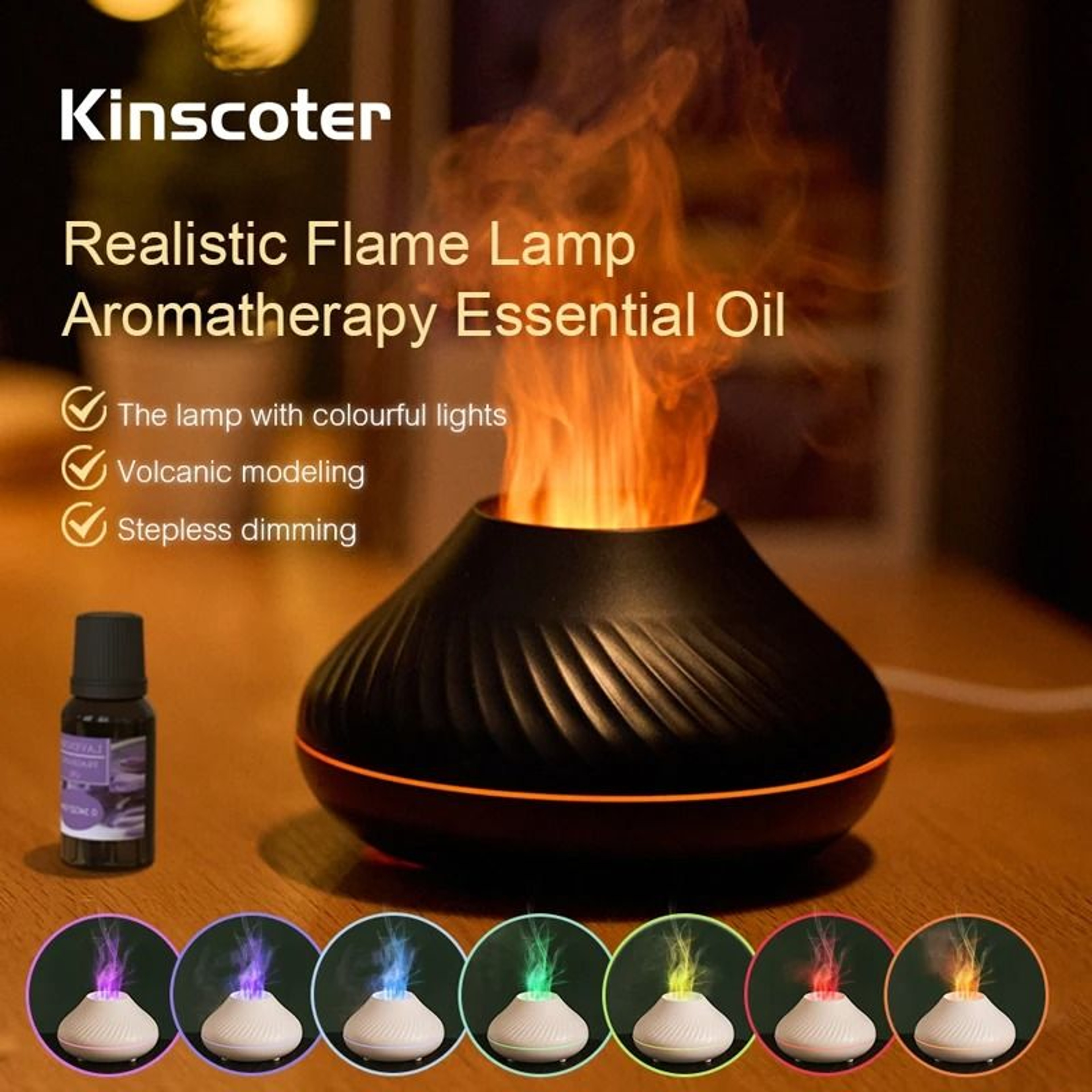 Kinscoter Volcanic Aroma Diffuser 130ml USB Portable Air Humidifier With Color Flame Night Light 0