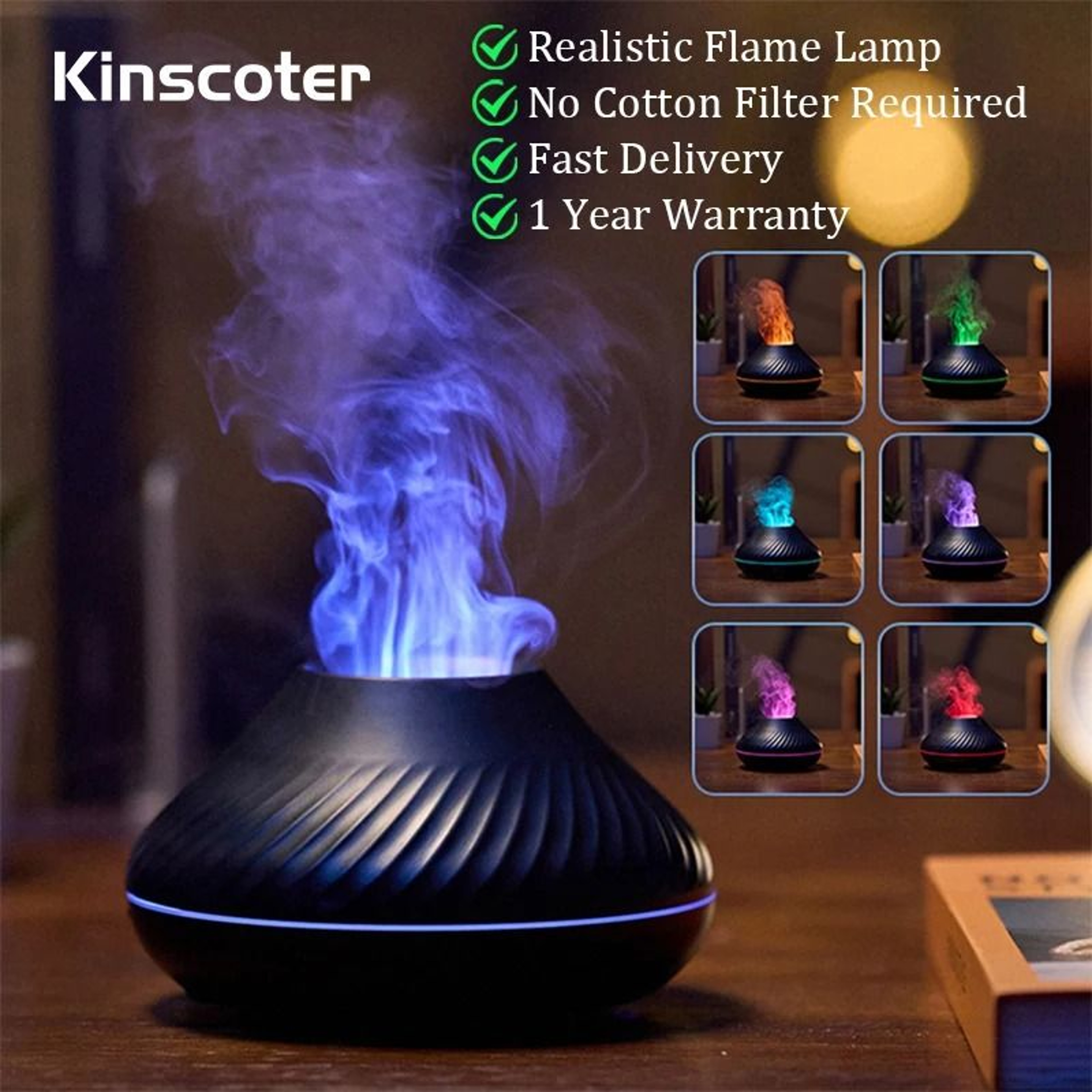 Kinscoter Volcanic Aroma Diffuser 130ml USB Portable Air Humidifier With Color Flame Night Light 2