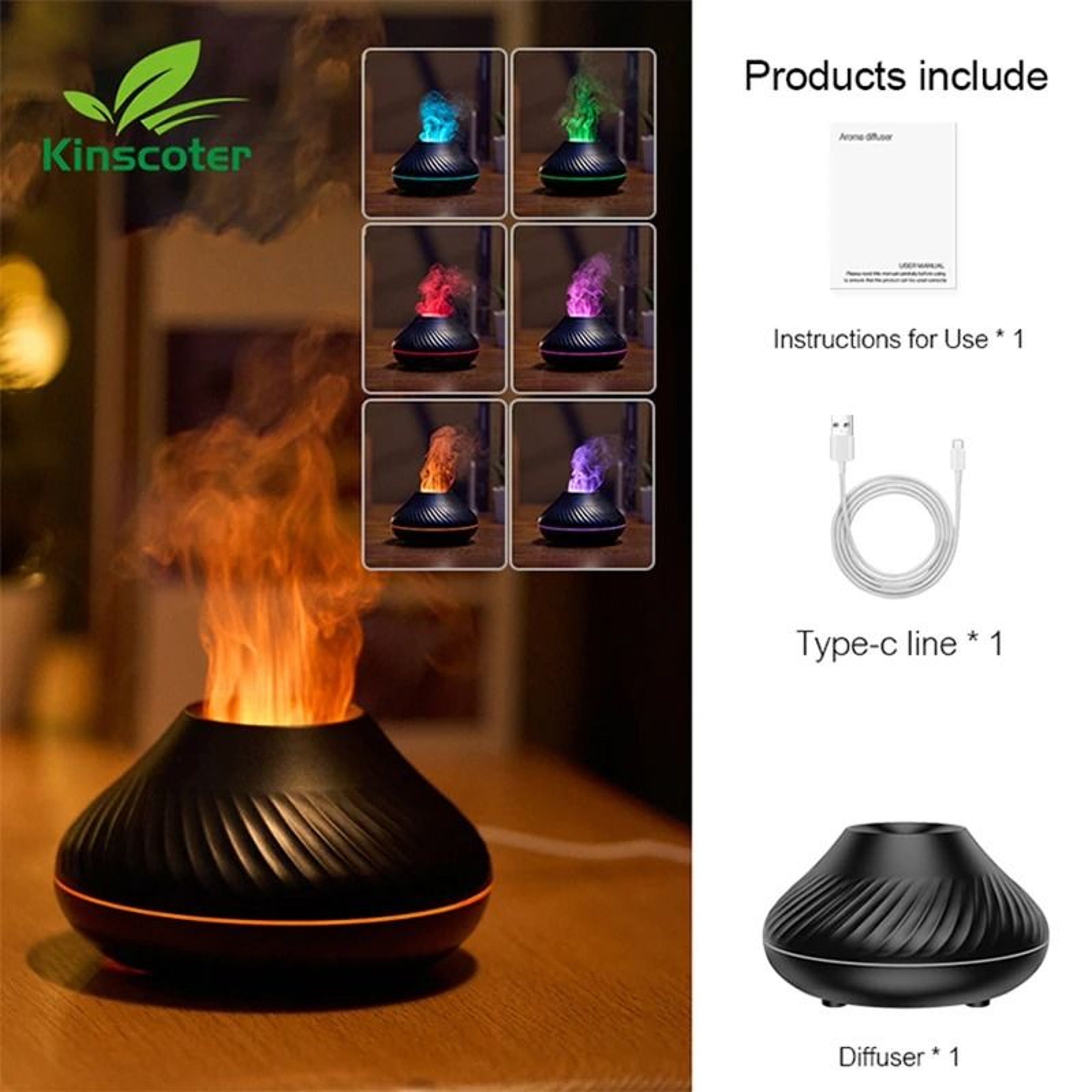 Kinscoter Volcanic Aroma Diffuser 130ml USB Portable Air Humidifier With Color Flame Night Light 6