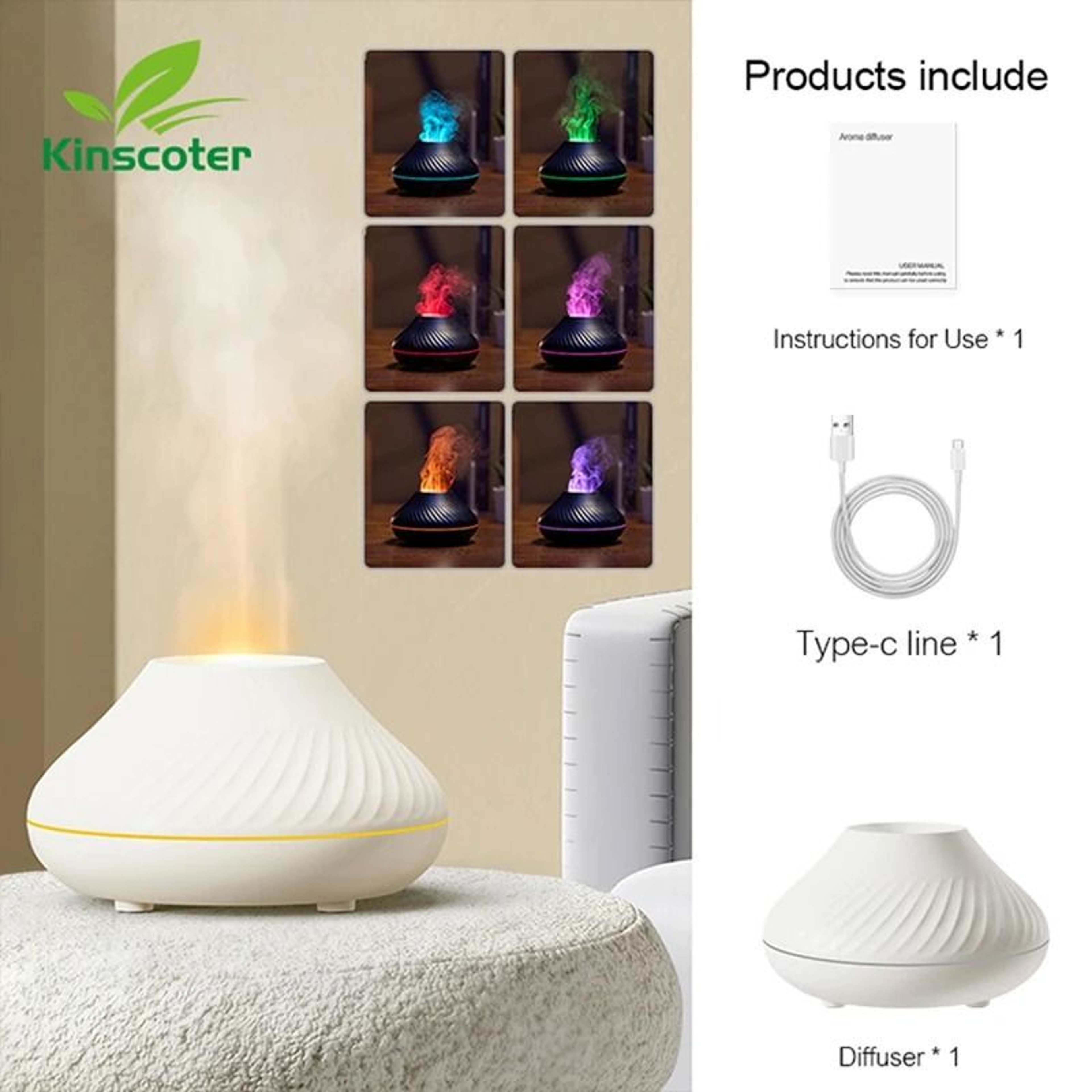 Kinscoter Volcanic Aroma Diffuser 130ml USB Portable Air Humidifier With Color Flame Night Light 7