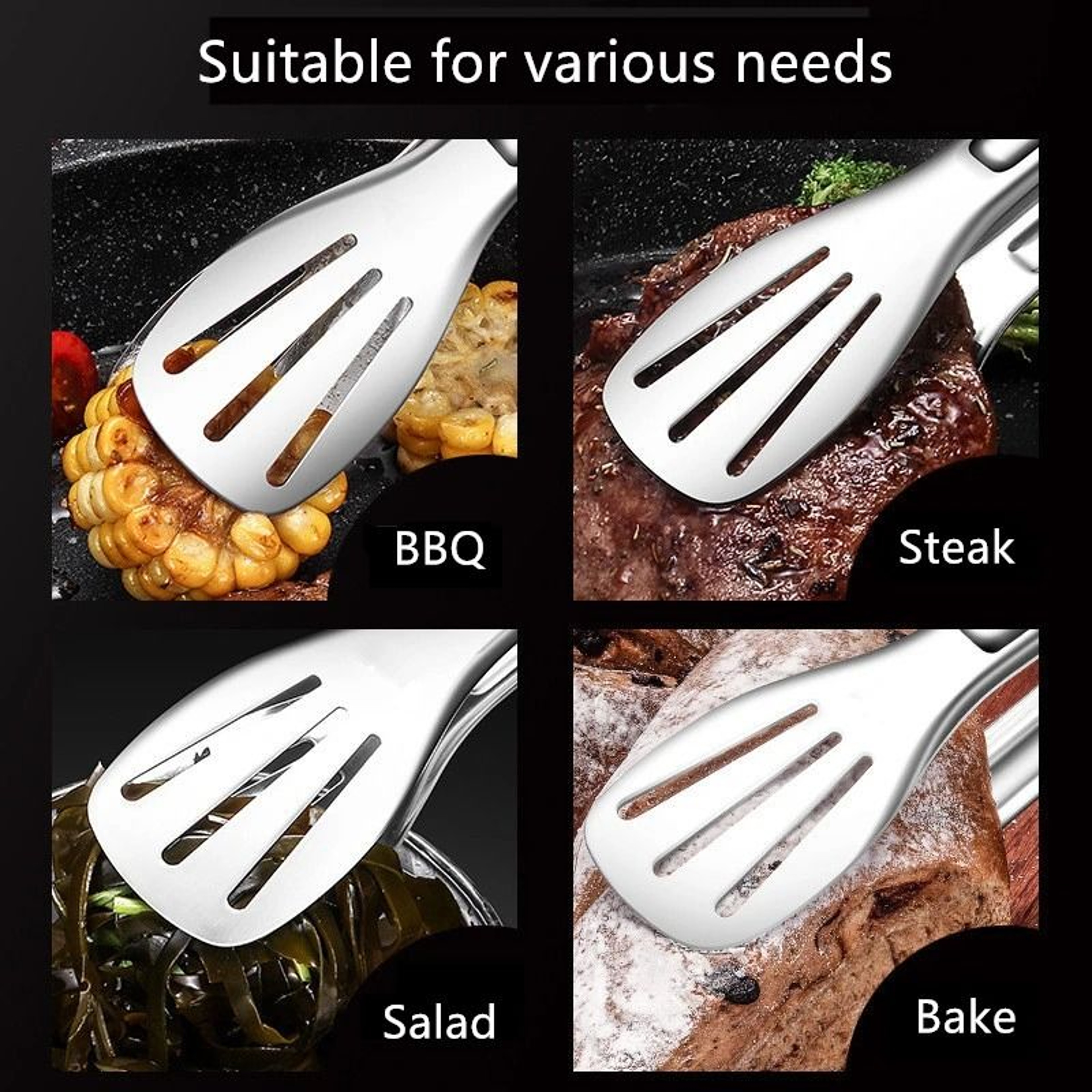 Stainless Steel Food Tongs BBQ Meat Salad Steak Food Serving Clip Long Kitchen Utensils 3