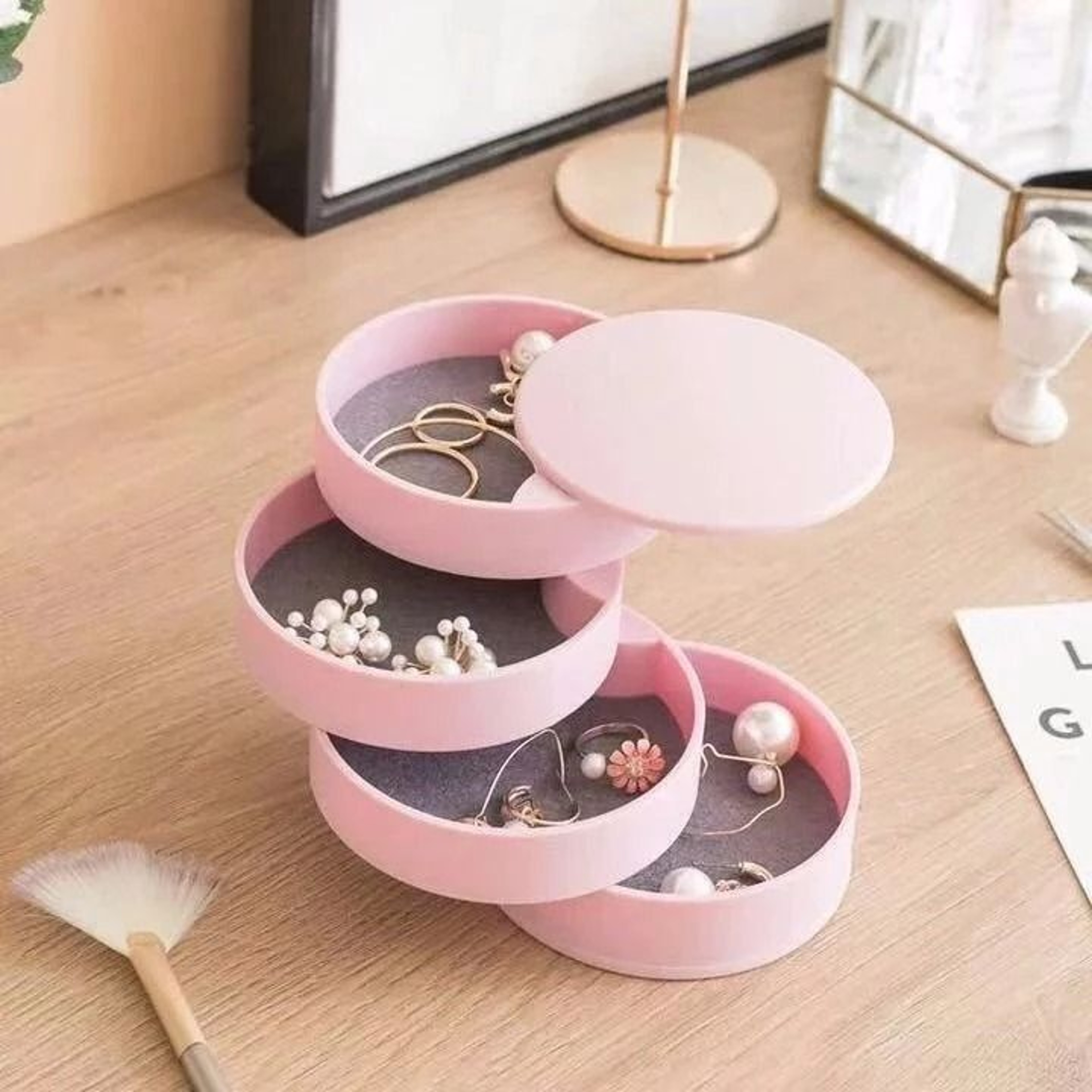 Rotating Multi Layer Desktop Storage Box With Lid Dustproof Jewelry And Makeup Organizer 7
