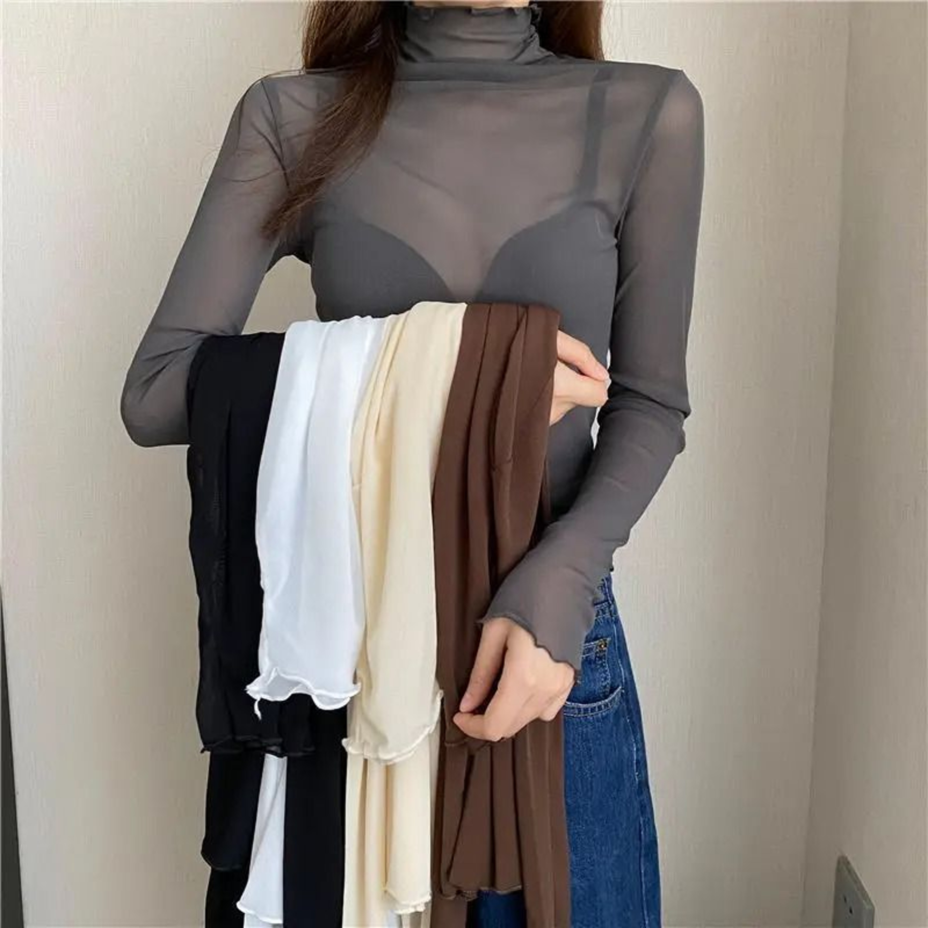 Sheer Transparent Mesh LongSleeve Crop Turtleneck Top 0