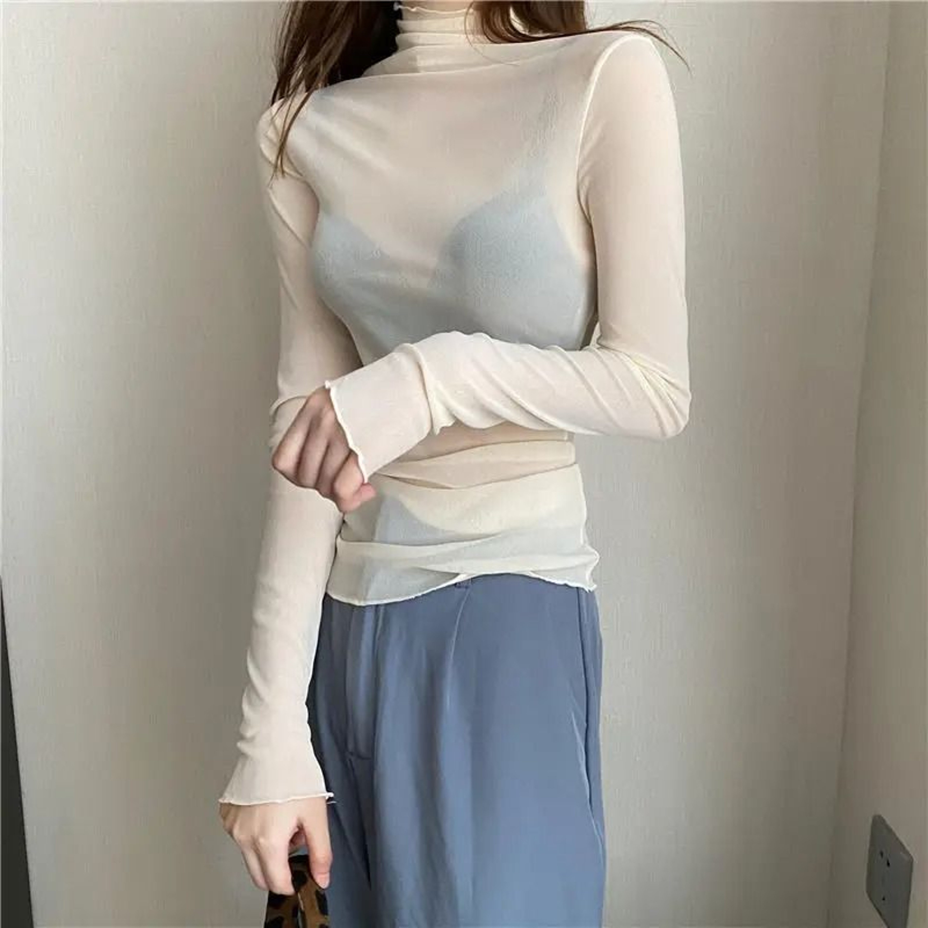 Sheer Transparent Mesh LongSleeve Crop Turtleneck Top 9