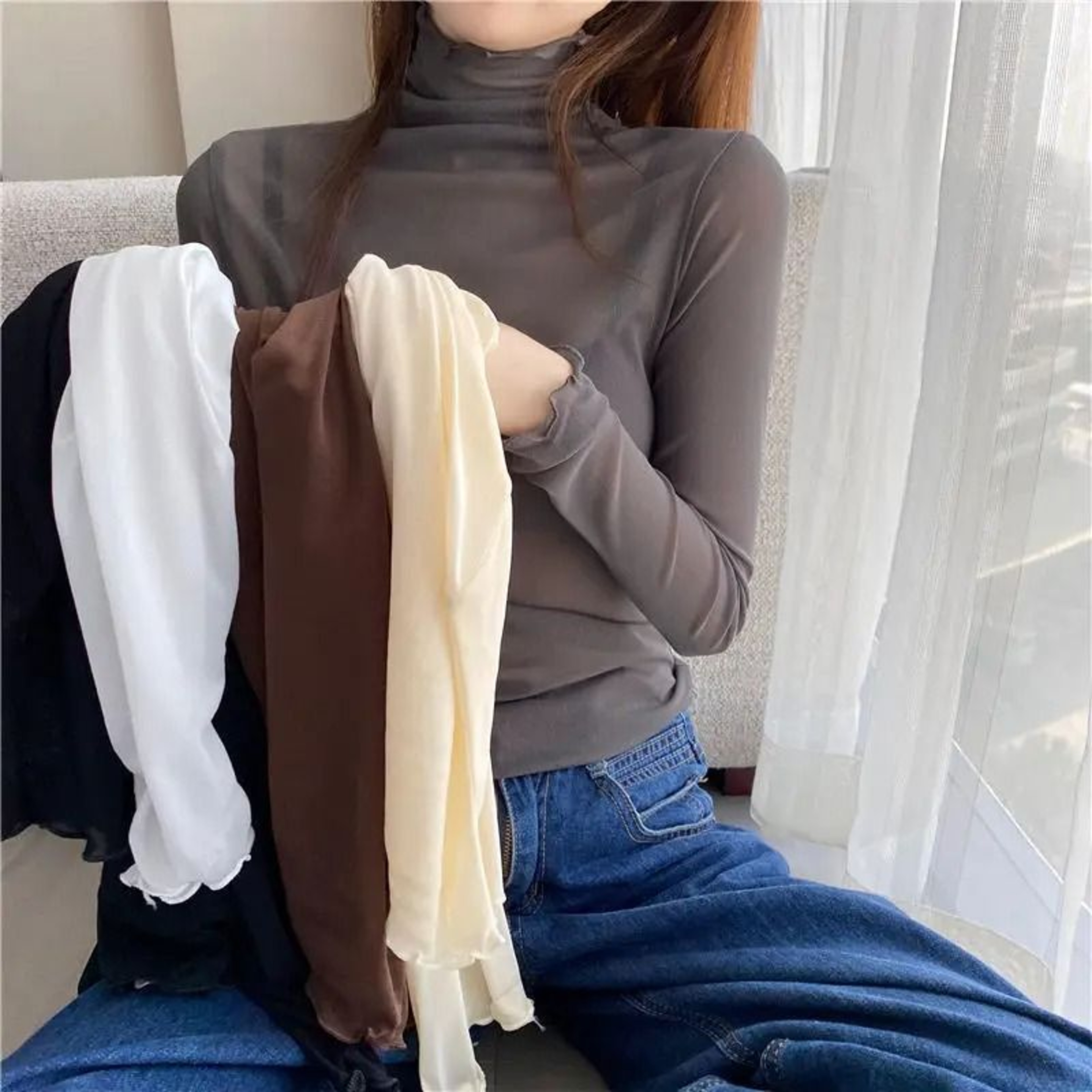 Sheer Transparent Mesh LongSleeve Crop Turtleneck Top 1