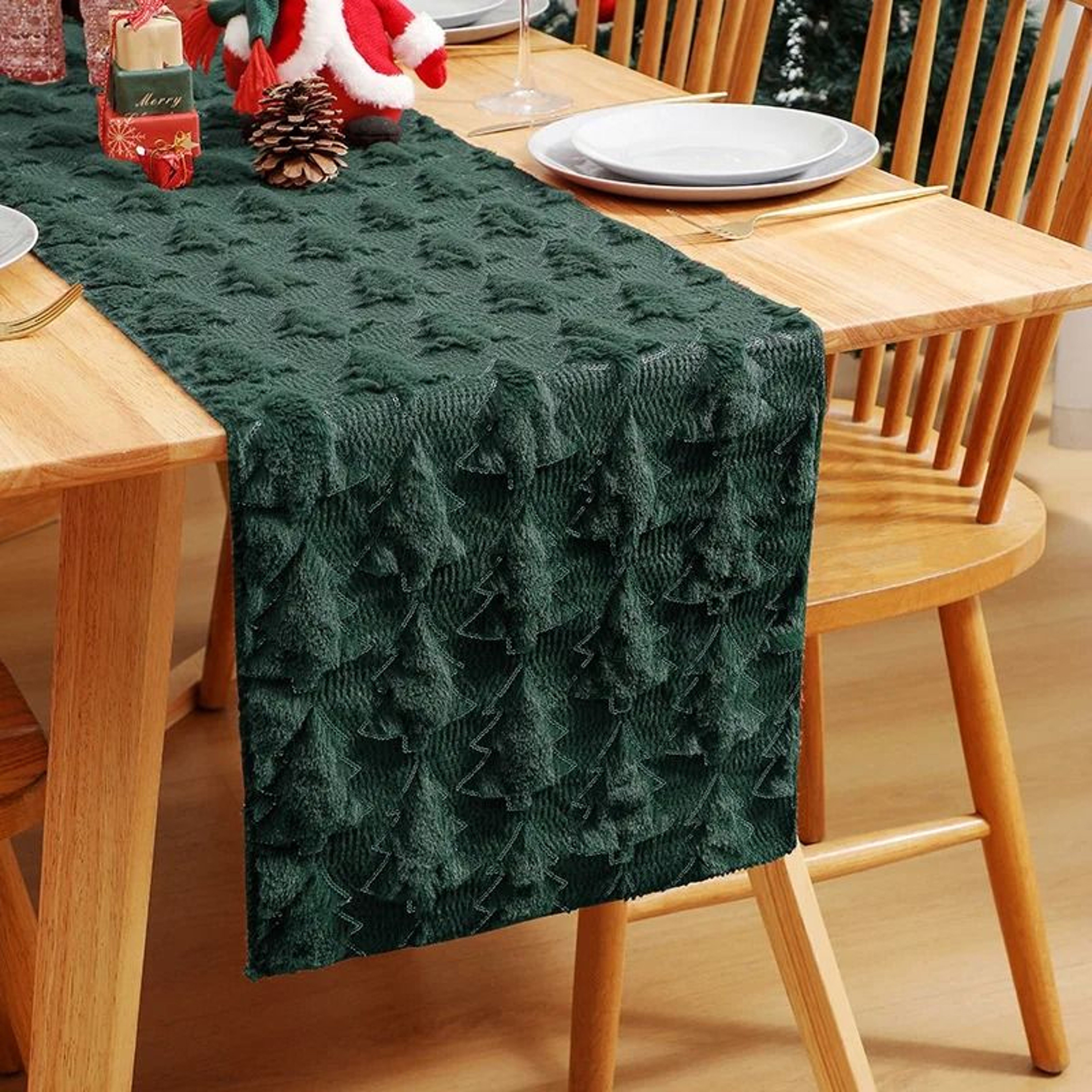 3D Green Christmas Tree Table Runner With Thickened Sequins For Holiday Dining Decor 0