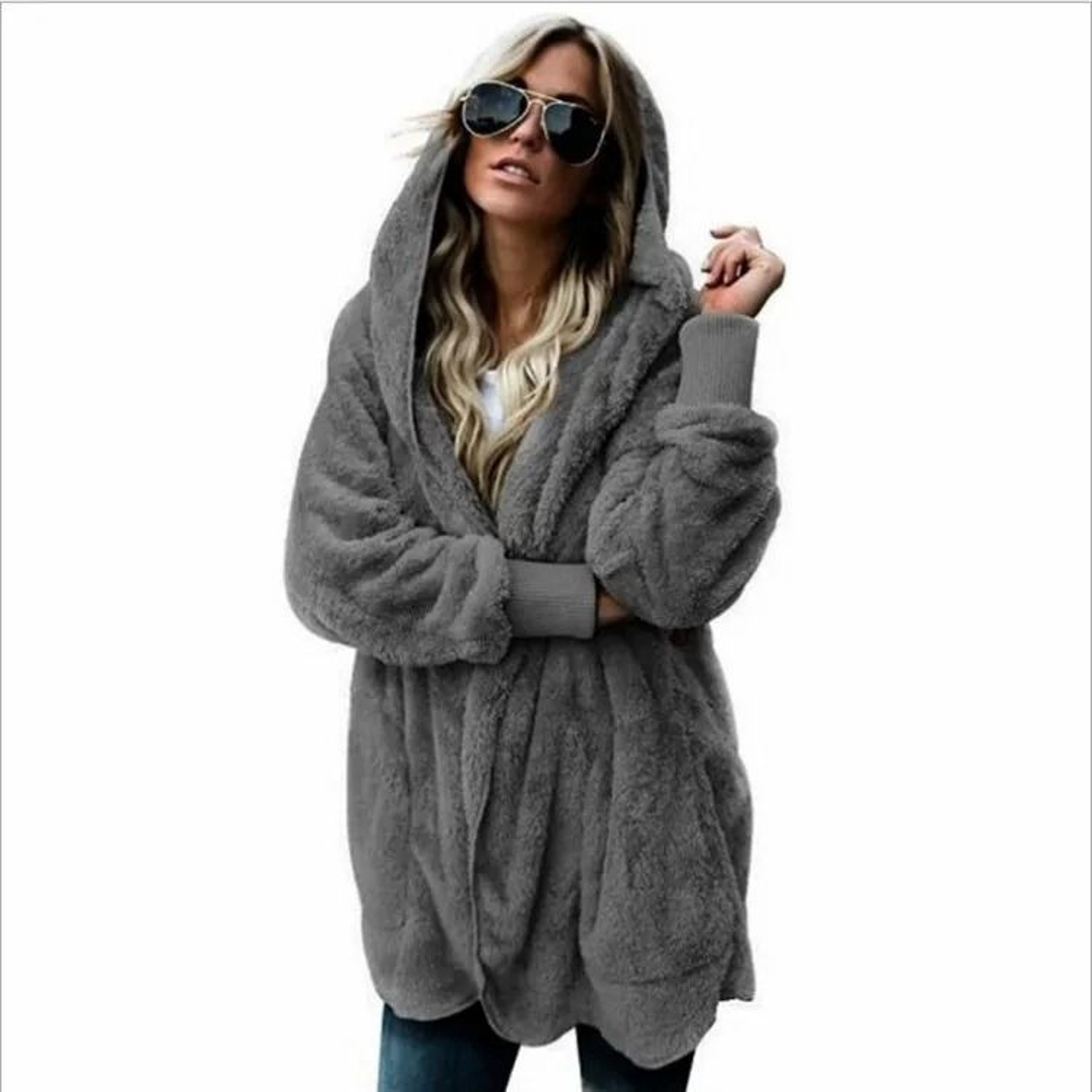 Autumn Winter Double Fleece Cardigan Jacket Women Solid Color Long Sleeve Plush Warm Hooded Lady Ja 11