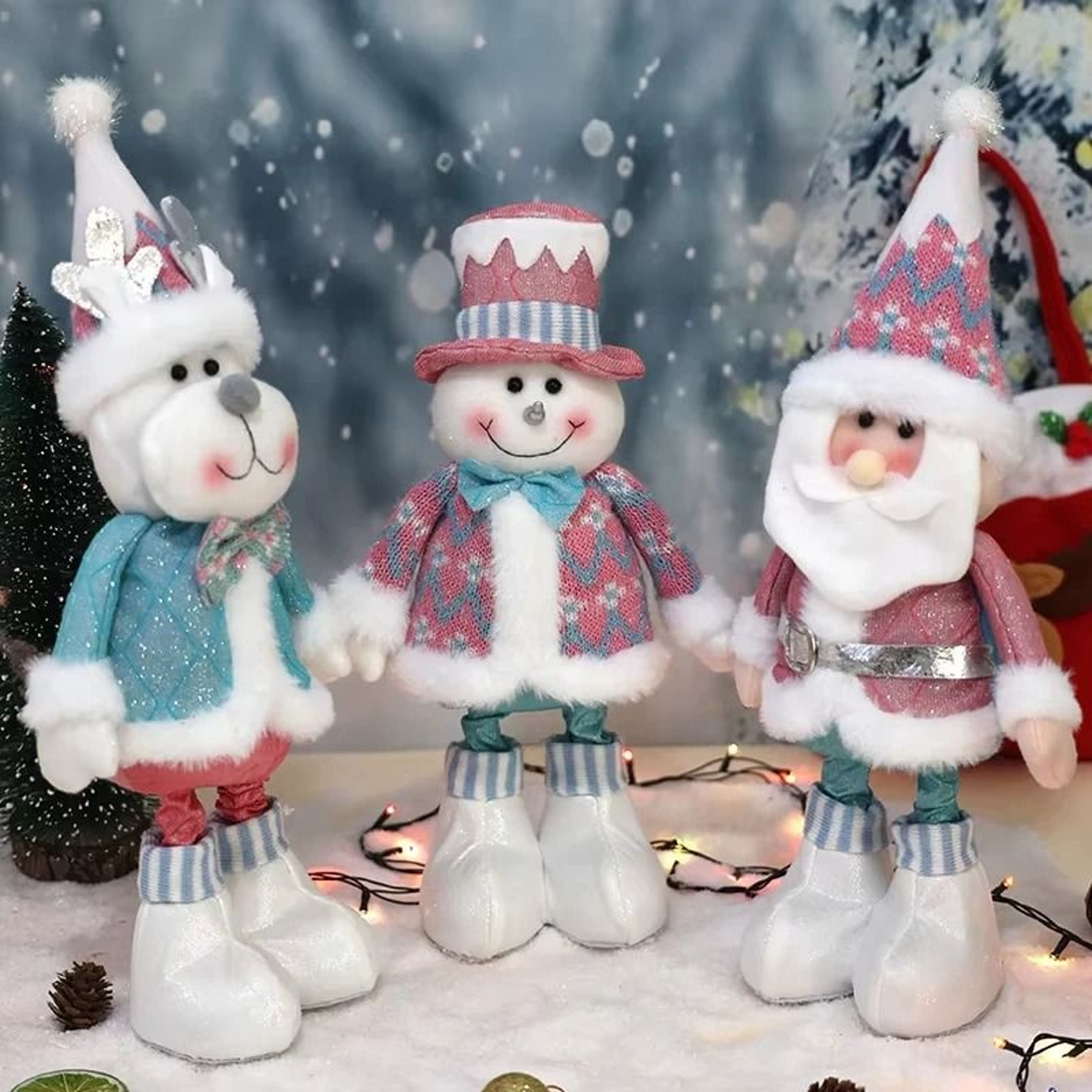 Retractable Santa Claus Snowman Elk Dolls Pink And Blue Fabric Window Decoration 0