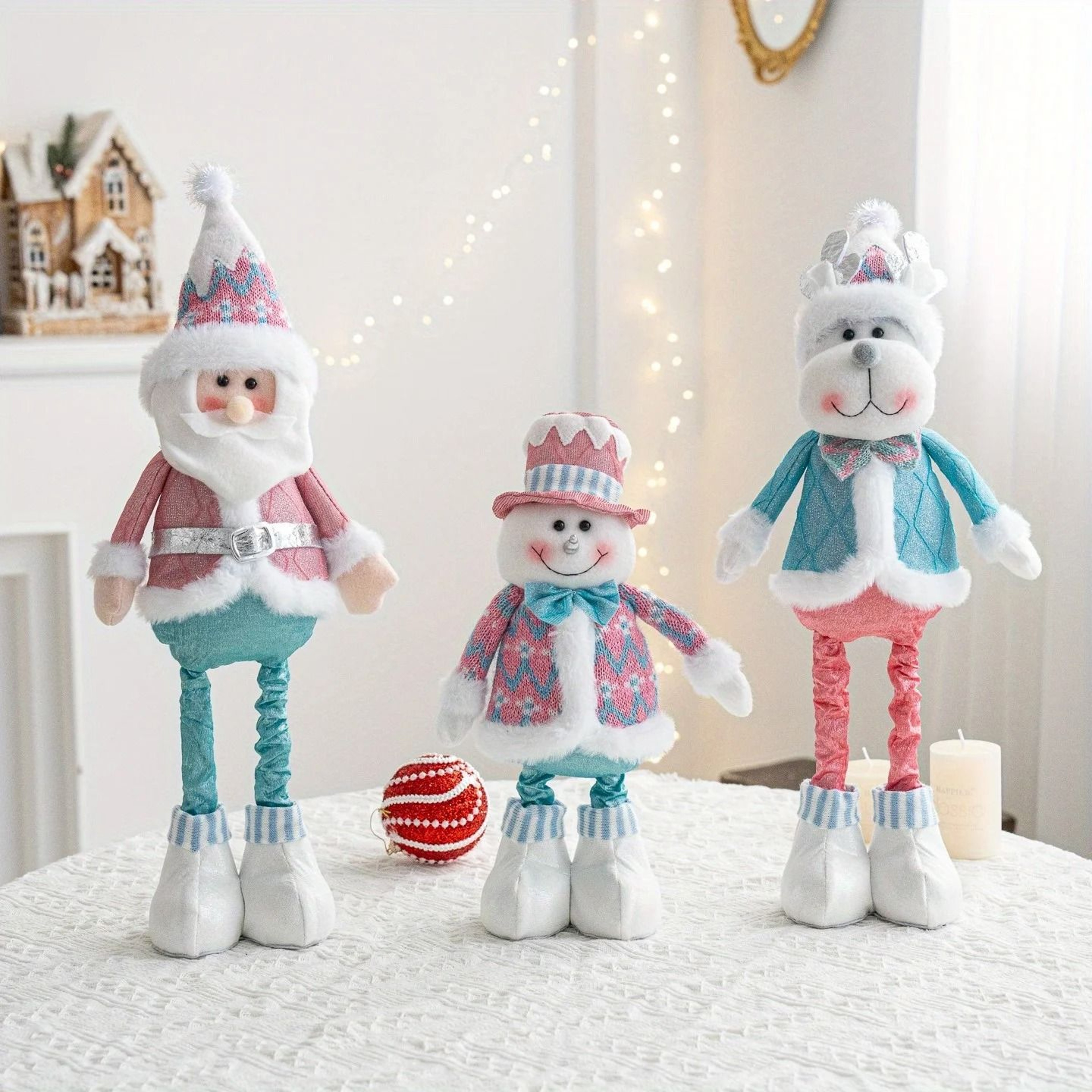 Retractable Santa Claus Snowman Elk Dolls Pink And Blue Fabric Window Decoration 2