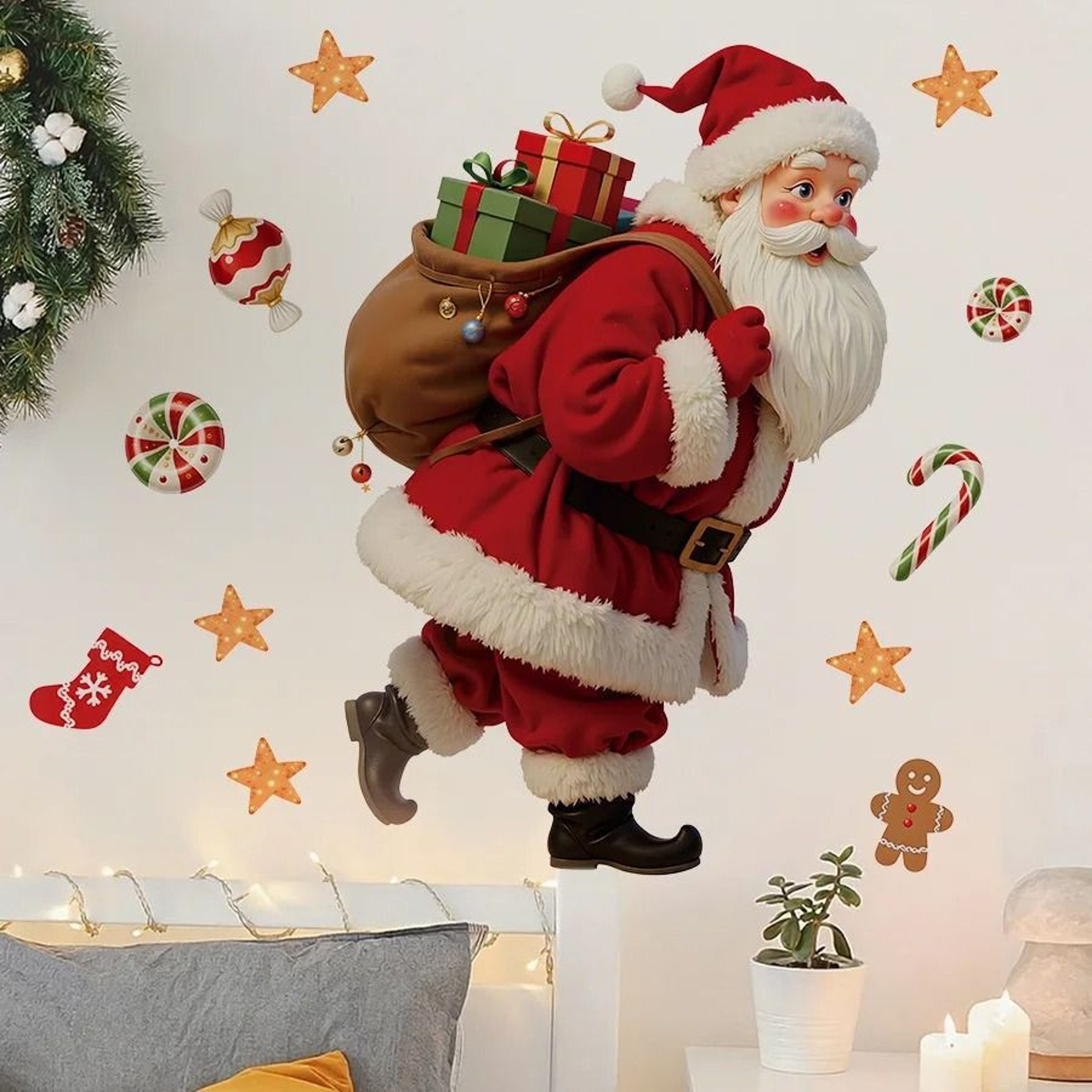 Santa Claus Candy Gifts Gingerbread Window Sticker Christmas Decoration 1
