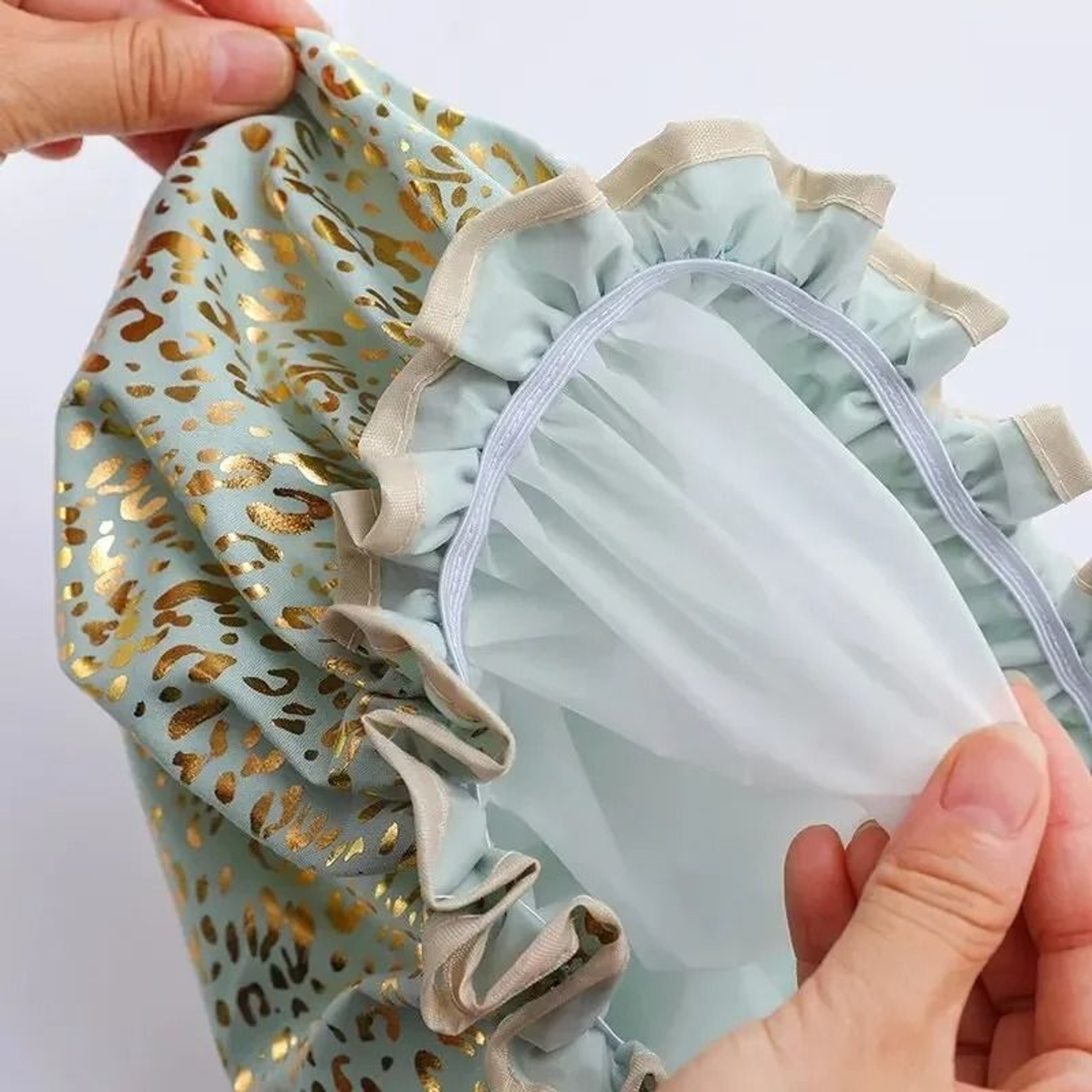 Double Layer Waterproof Shower Cap For Women Hot Gold Printed Cotton Design 4