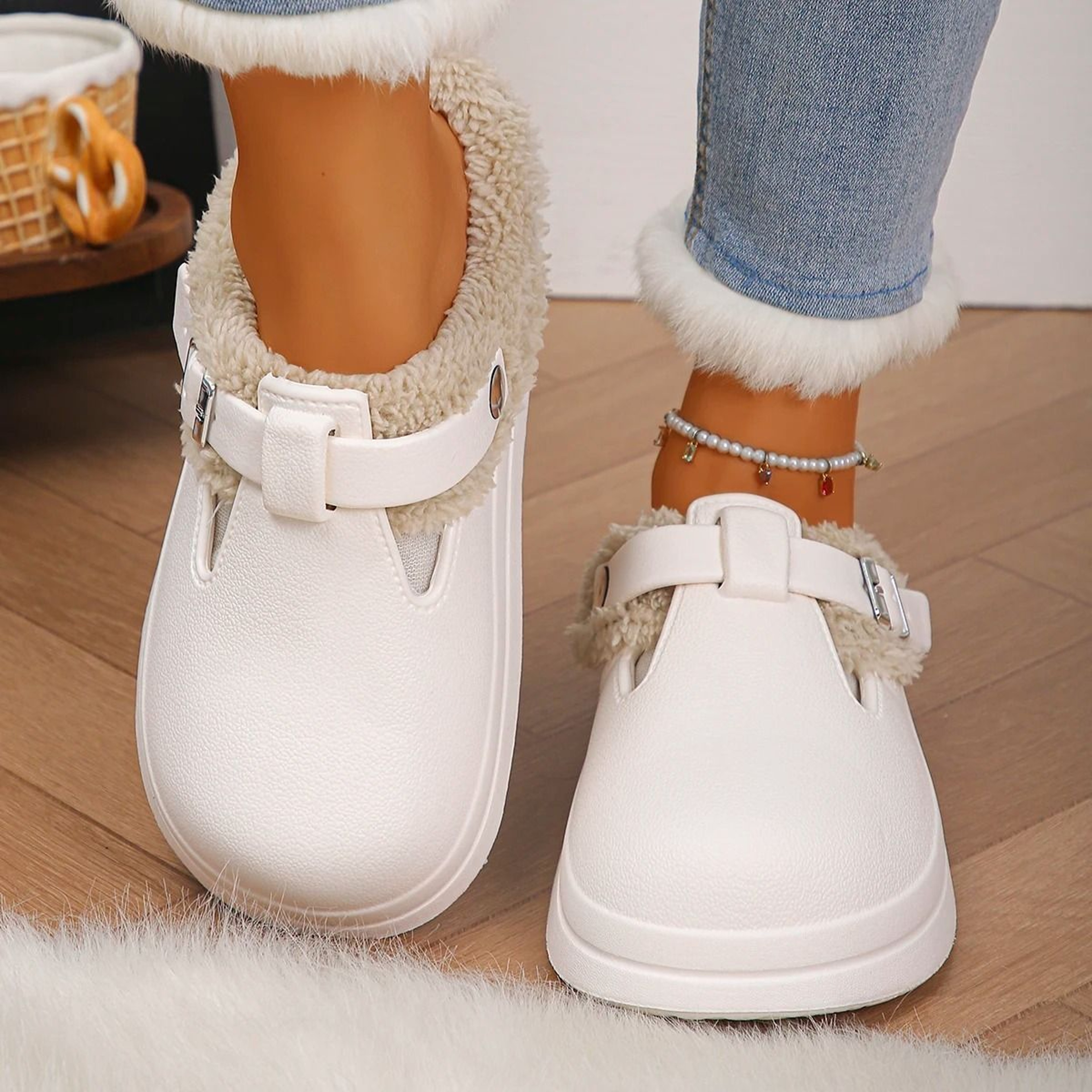 Waterproof Eva Furry Mules Slippers For Women With Plush Lining And Metal Buckle 1