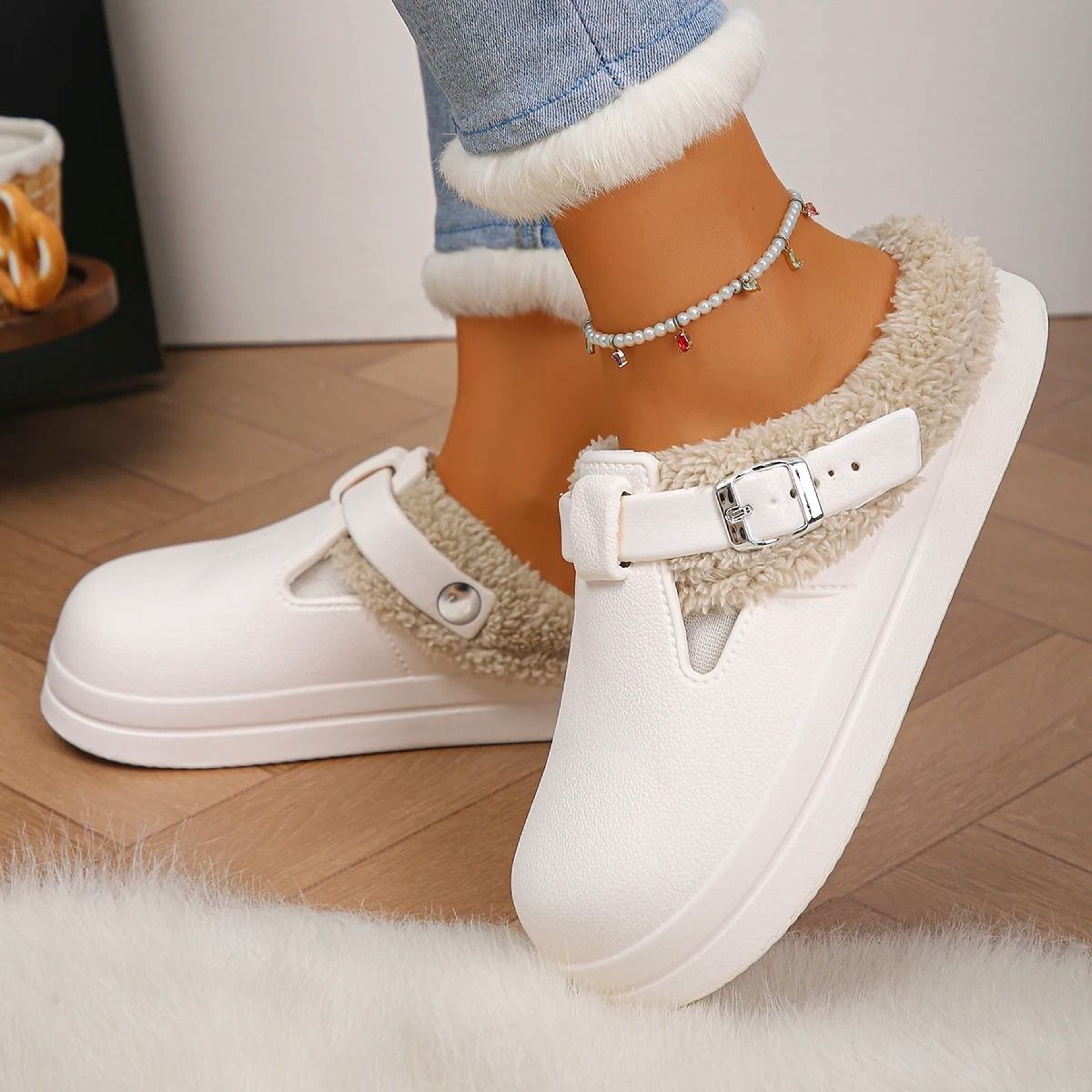 Waterproof Eva Furry Mules Slippers For Women With Plush Lining And Metal Buckle 7