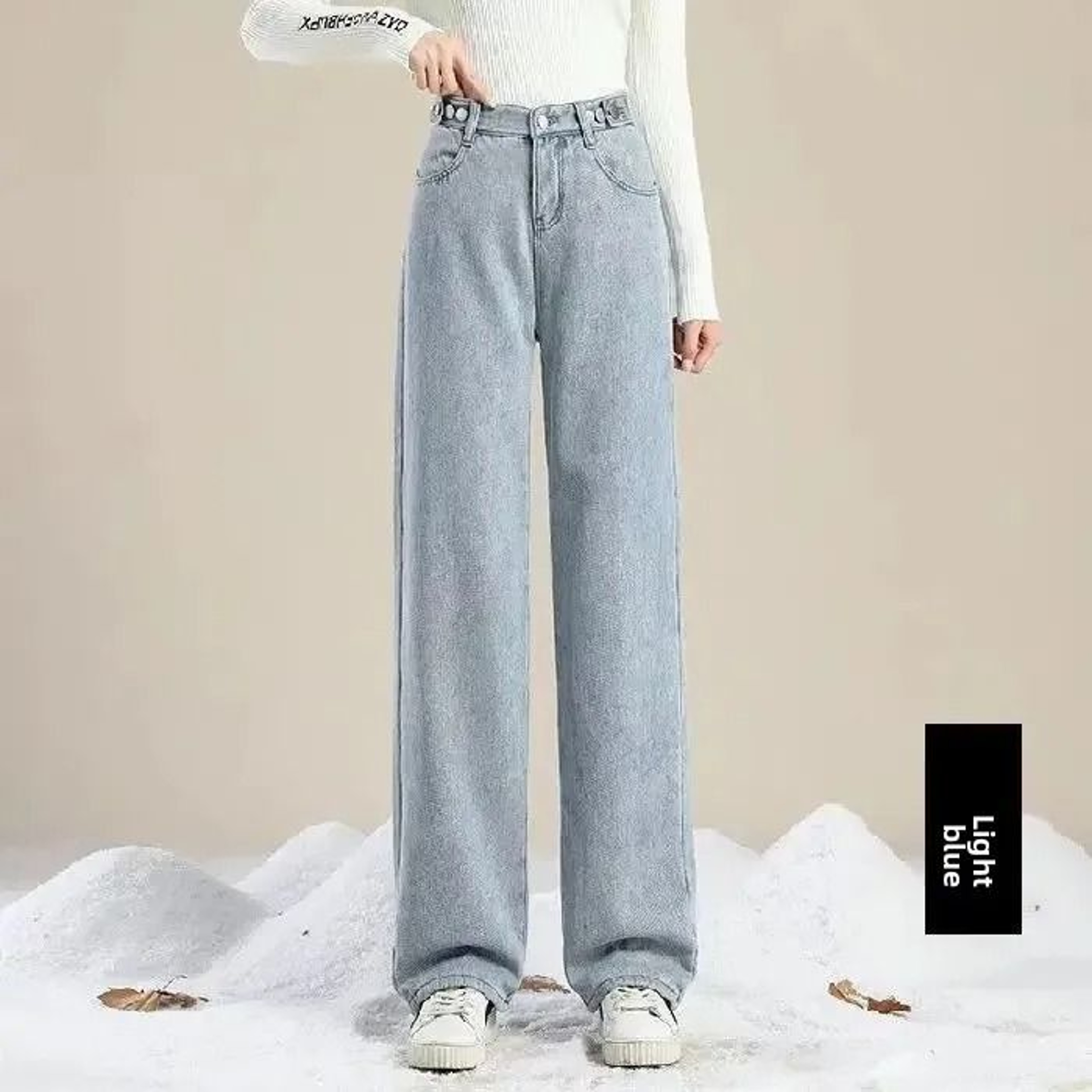 Thickened Fleece Lined Womens Wide Leg Jeans Winter Warm Straight Cut Pants 9