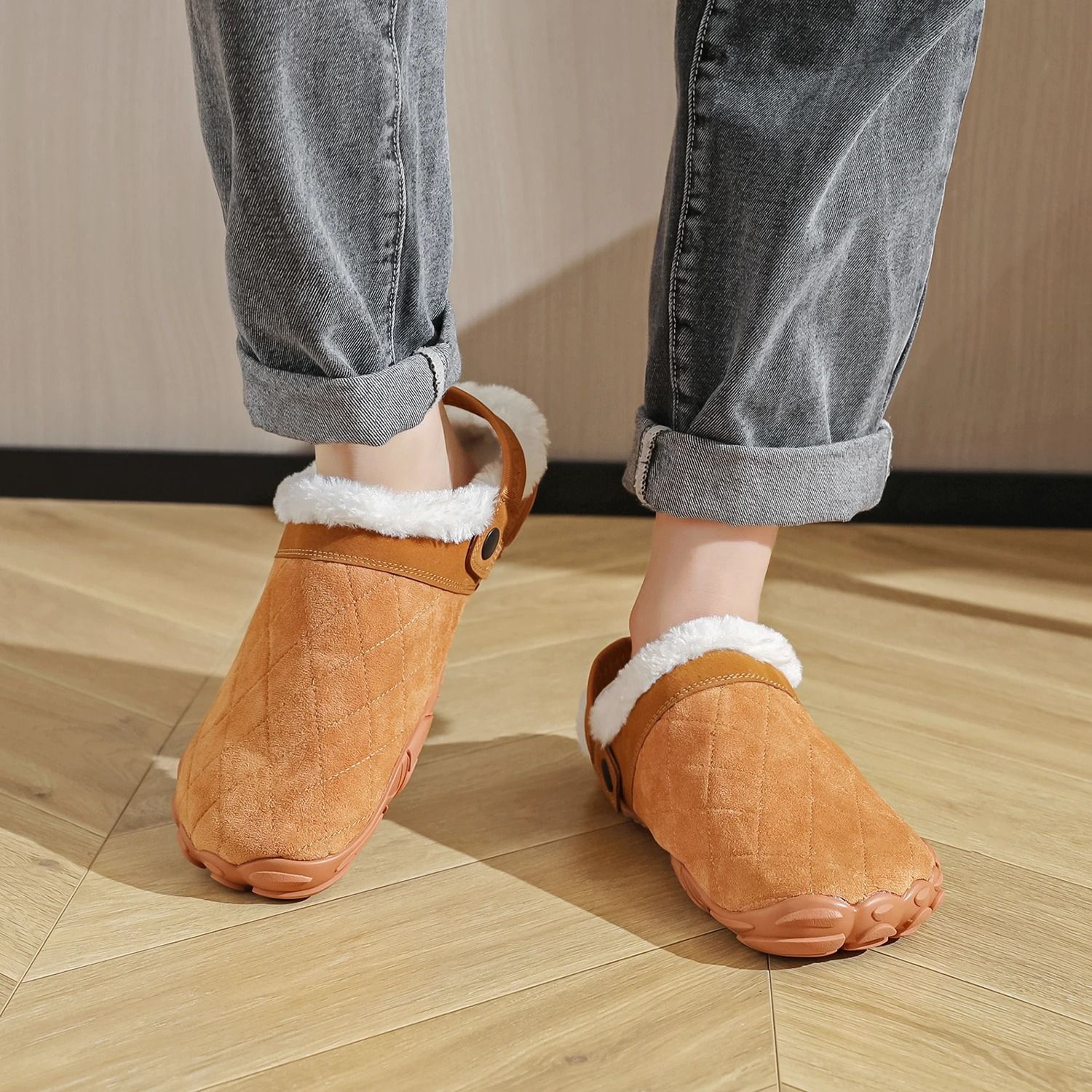 Chamois Leather Flip Flops Indoor Winter Warm Wide Toe House Slippers 1