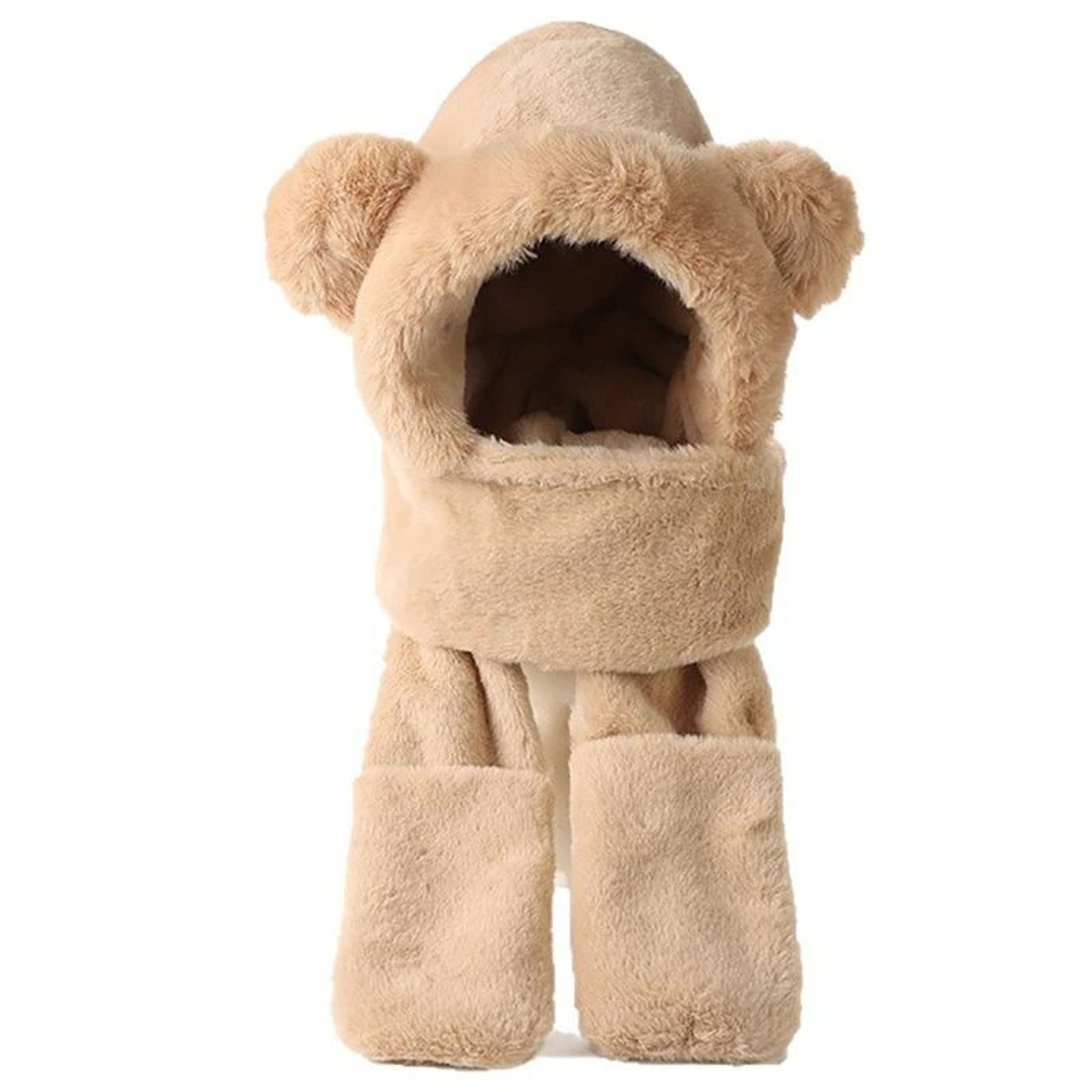 Winter Warm Plush Fleece Bear Ear Hooded Cap Scarf Gloves Set 6