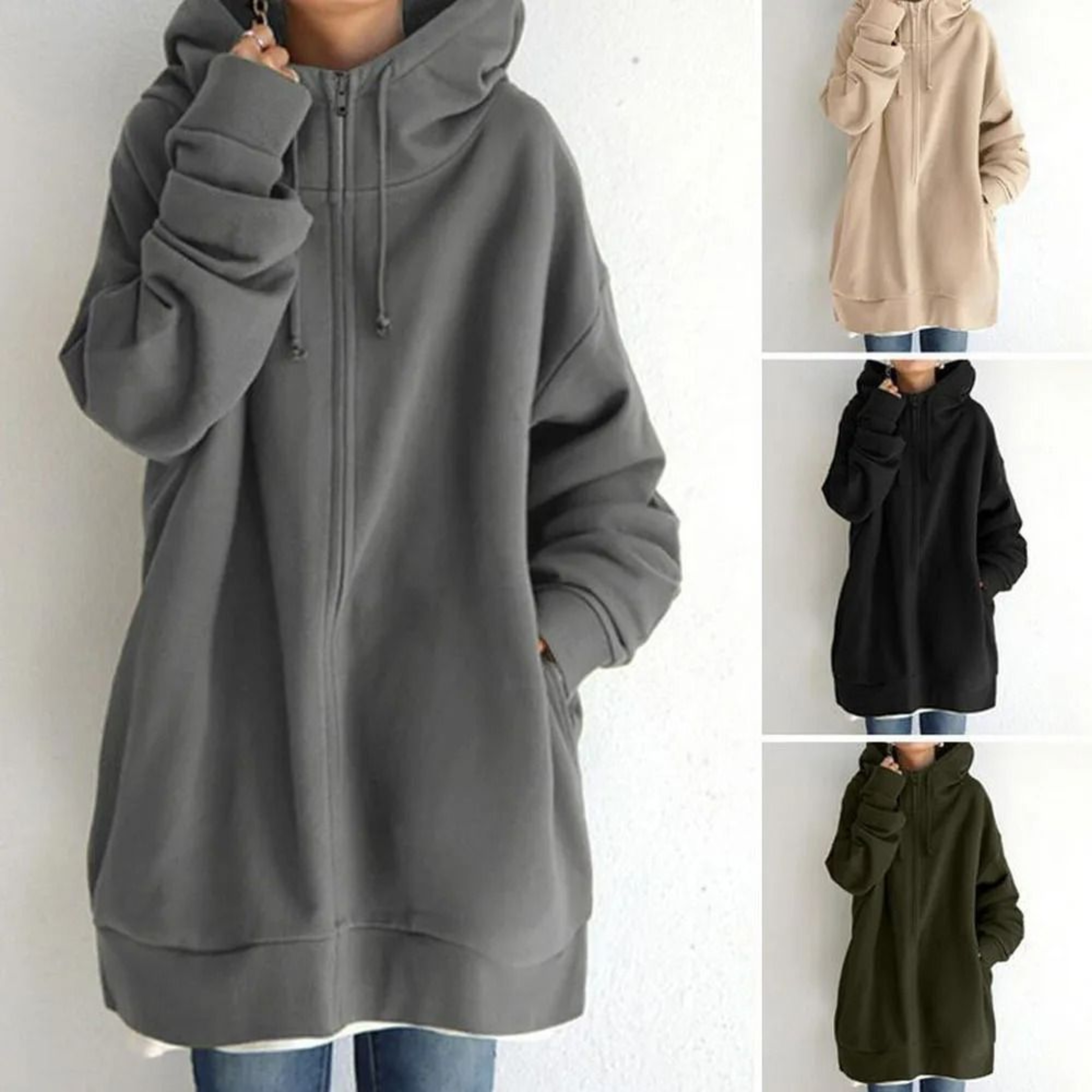 Oversized Women Hooded Coat Loose Velvet Long Sleeve Zip Up Sweatshirt 4