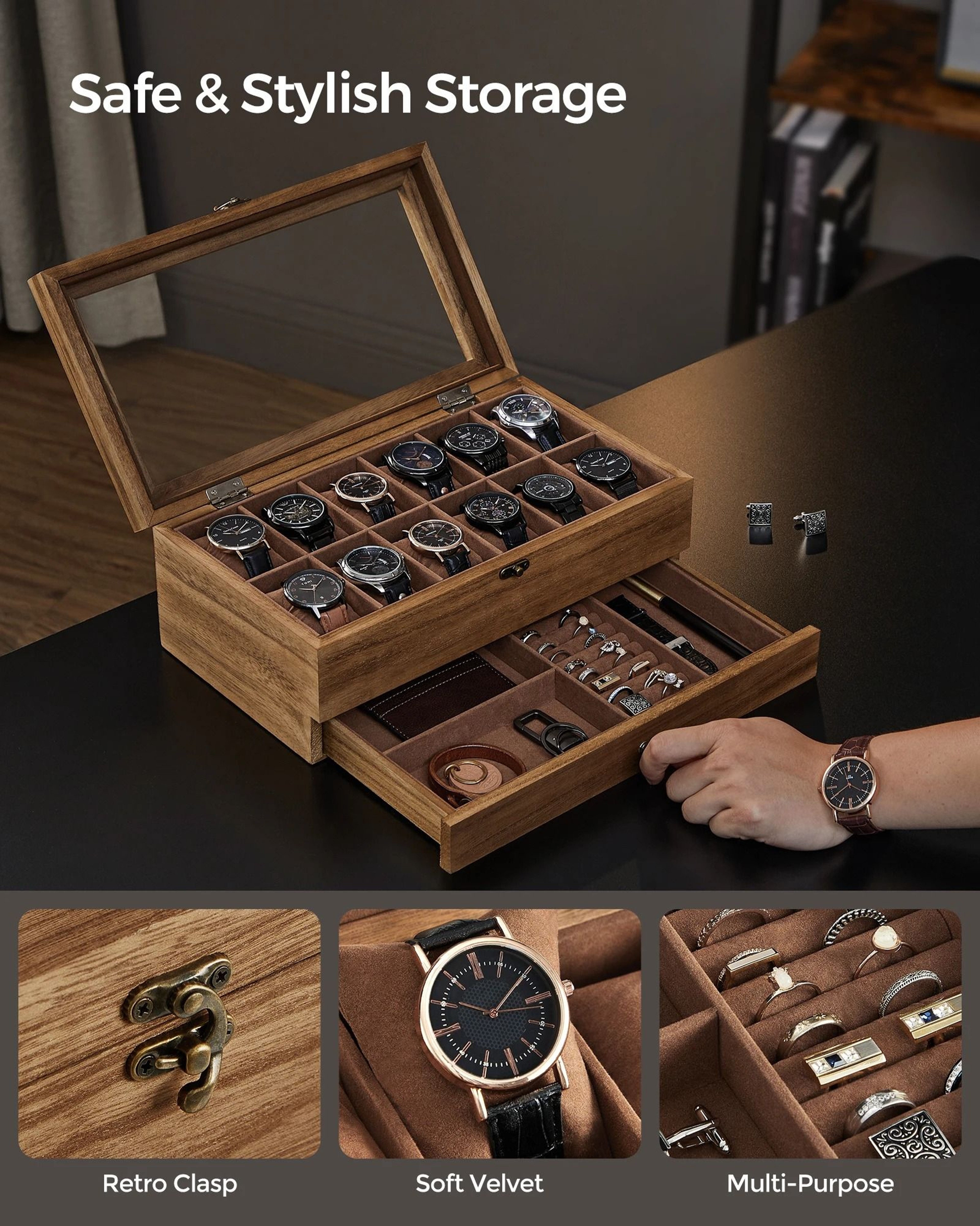 Two Tier Watch Box With Glass Lid Velvet Lining And Removable Pillows 3
