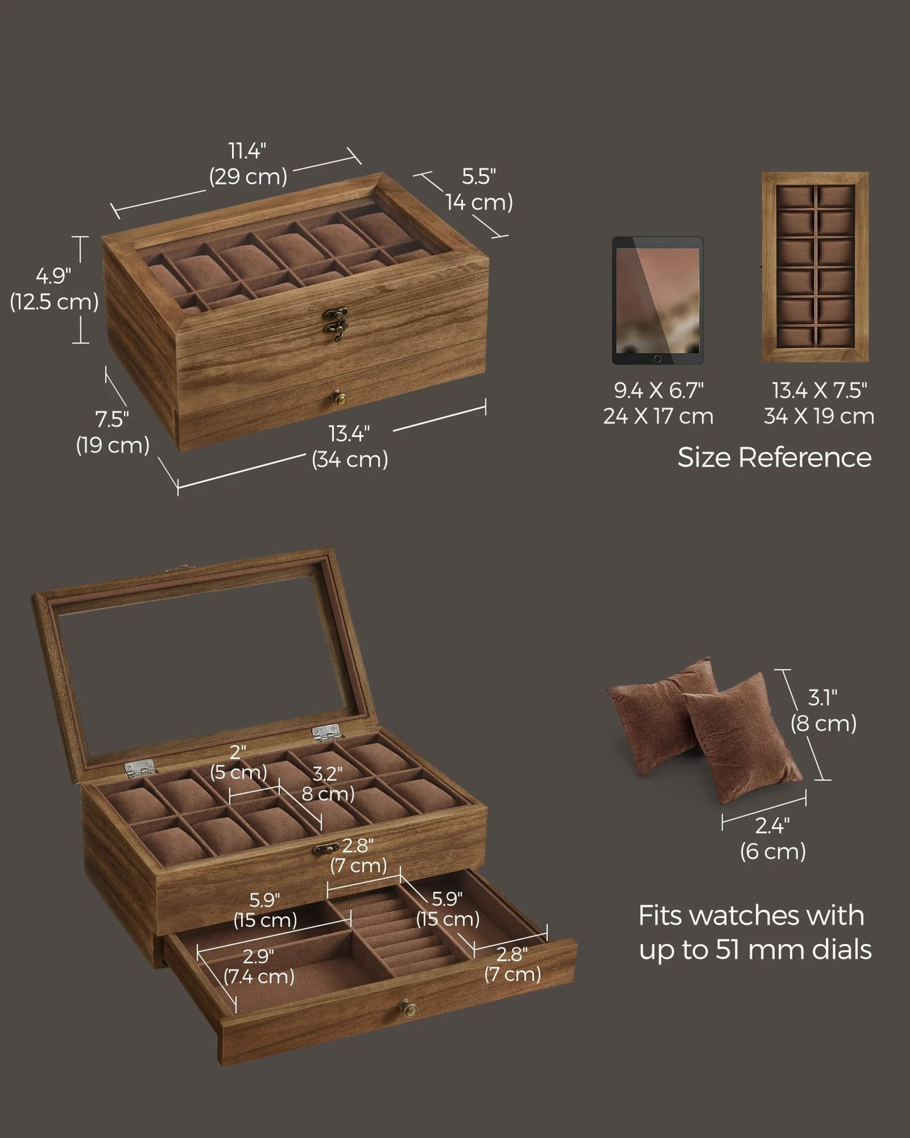 Two Tier Watch Box With Glass Lid Velvet Lining And Removable Pillows 4