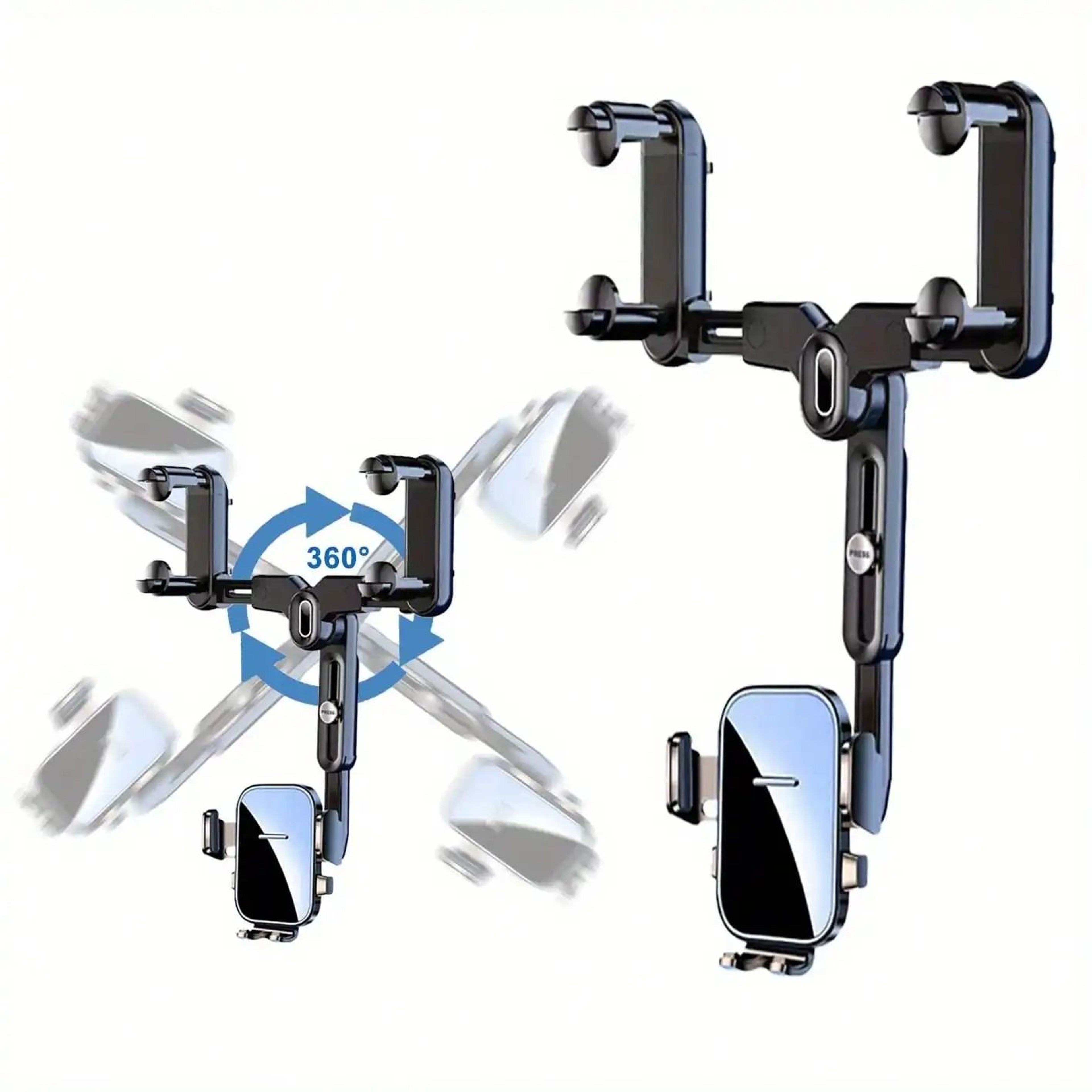 360 Degree Adjustable Car Rearview Mirror Phone Holder With Retractable Clamp Design 0