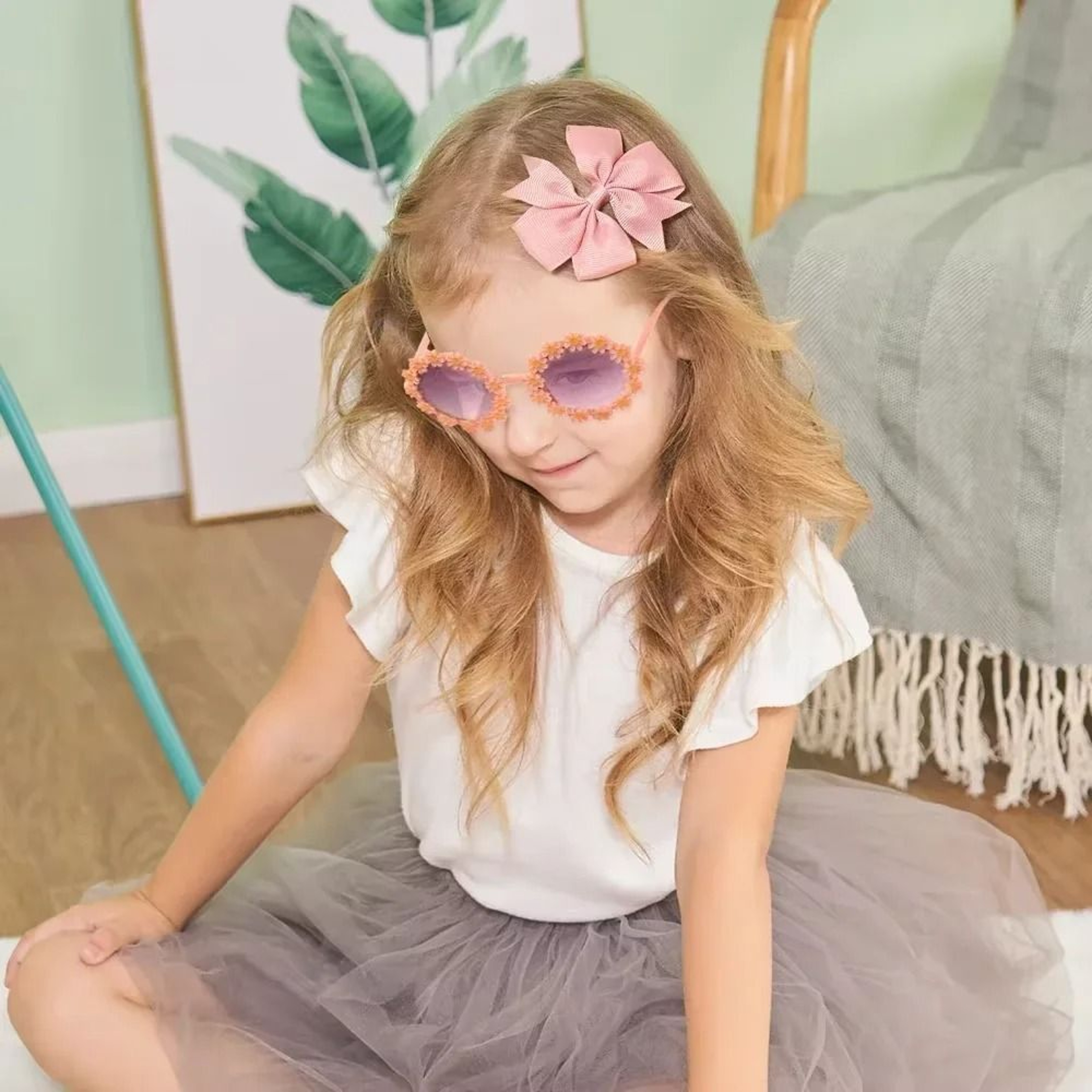 Cheer Bow Hairclips And Retro Flower Sunglasses Set For Kids 4