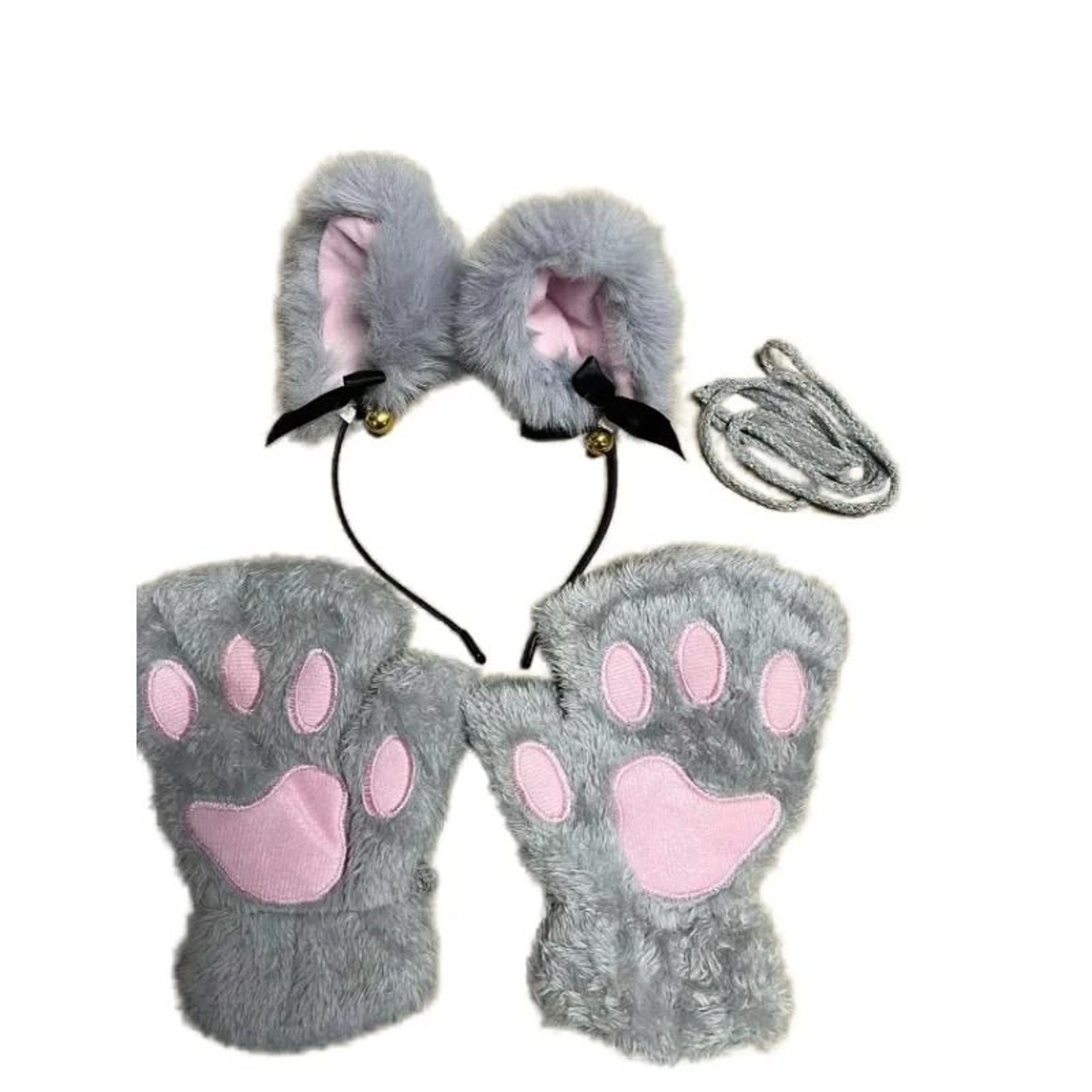 Cute Cartoon Cat Paw Winter Gloves With Bell Headband And Cat Ear Accessories Set 11