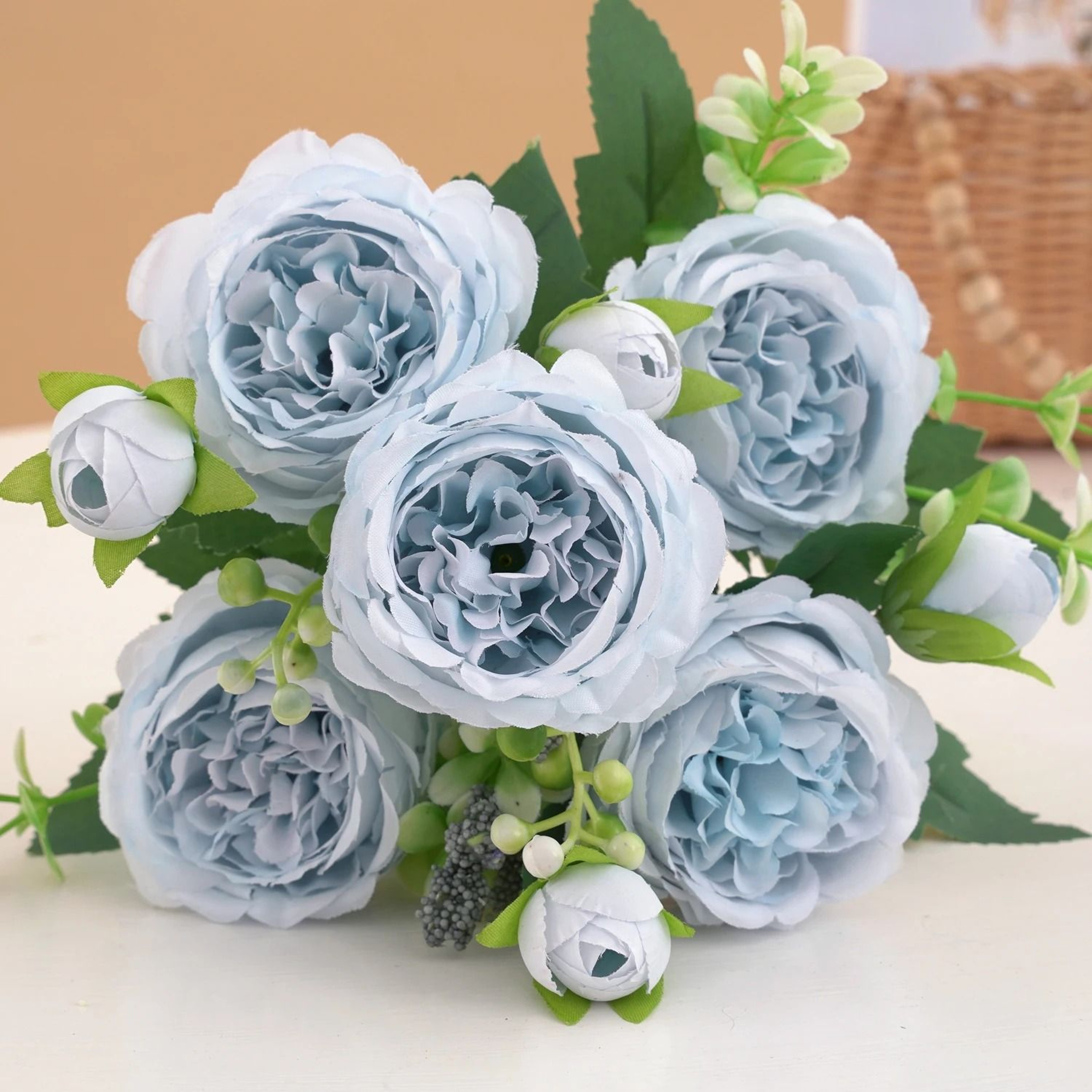 Rose Pink Silk Peony Bouquet With 5 Large Heads And 4 Small Buds For Wedding And Home Decoration 7