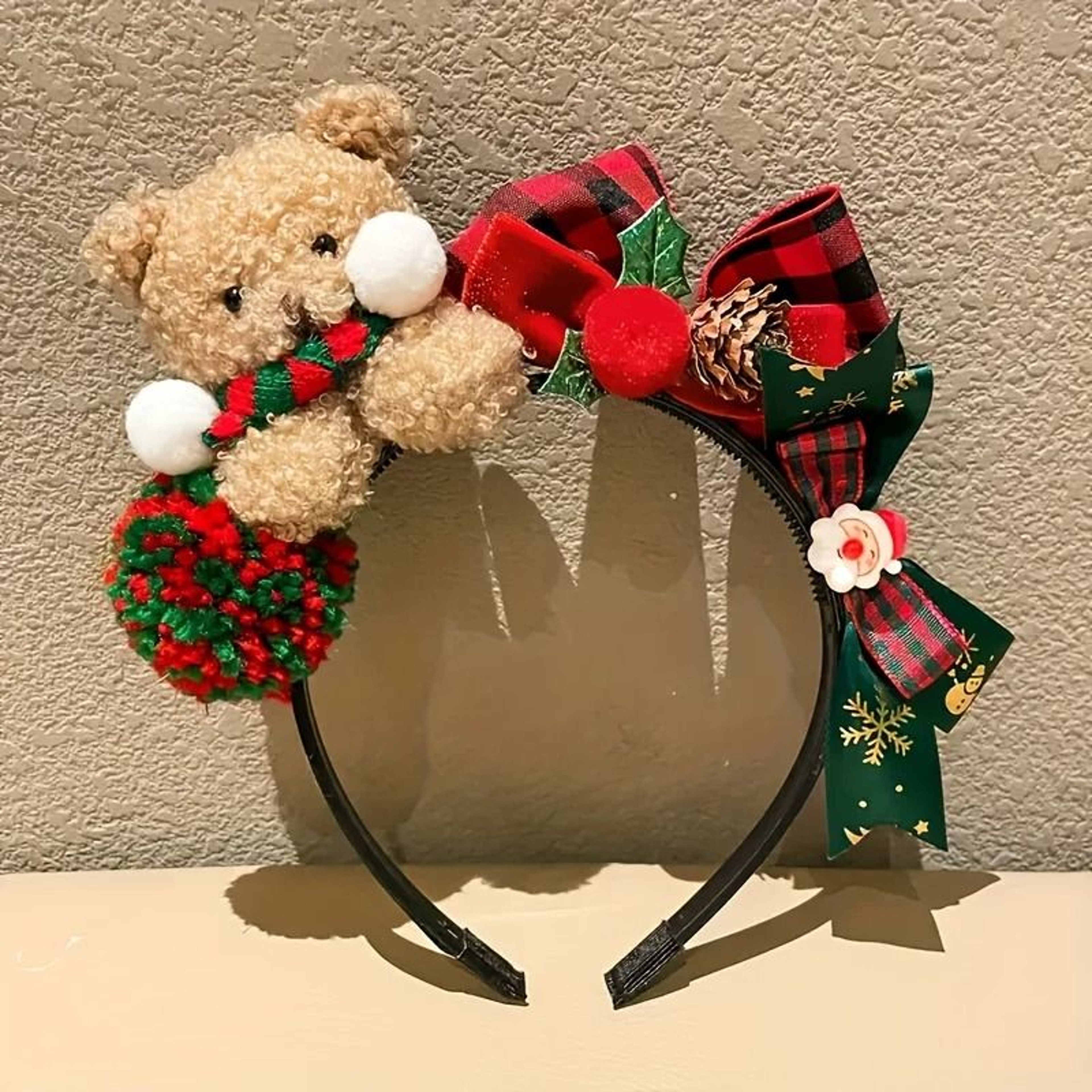 Christmas Bear Headband With Festive Bow Plush Holiday Hair Accessory For Women 3