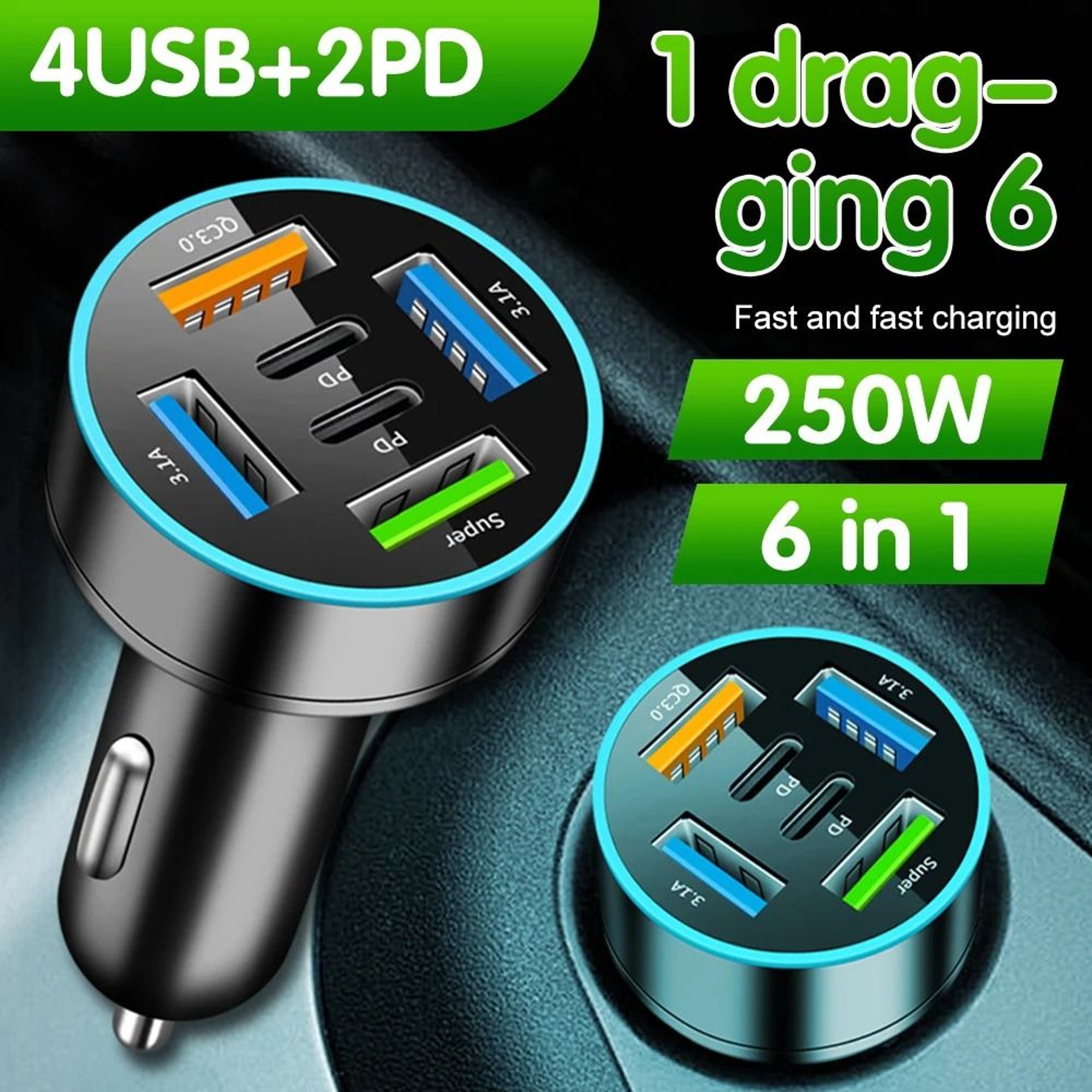 250W 5 Port Fast Charging Car Charger USB C And USB Adapter 0