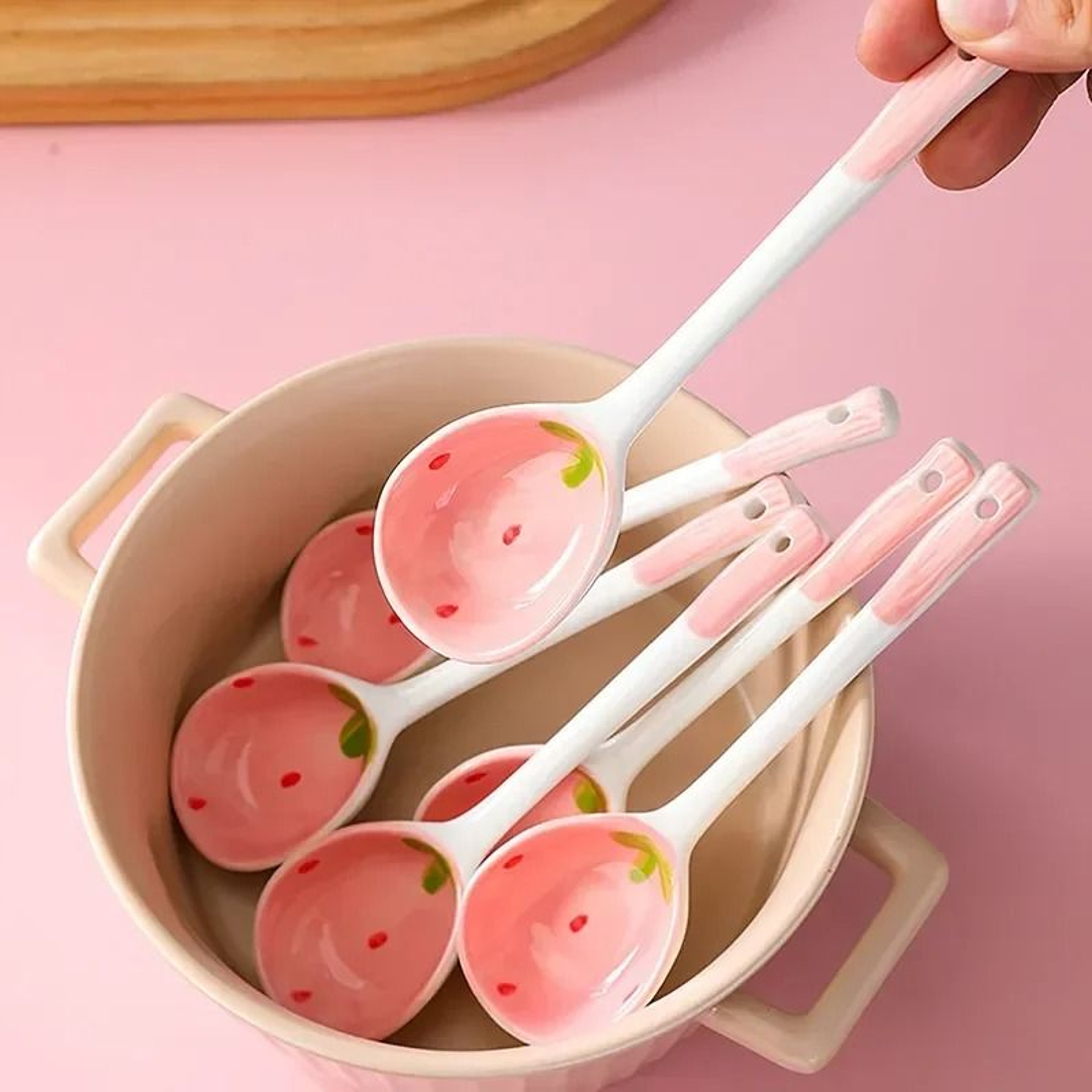 Kawaii Strawberry Ceramic Soup Spoon Long Handle Dessert Spoon 0