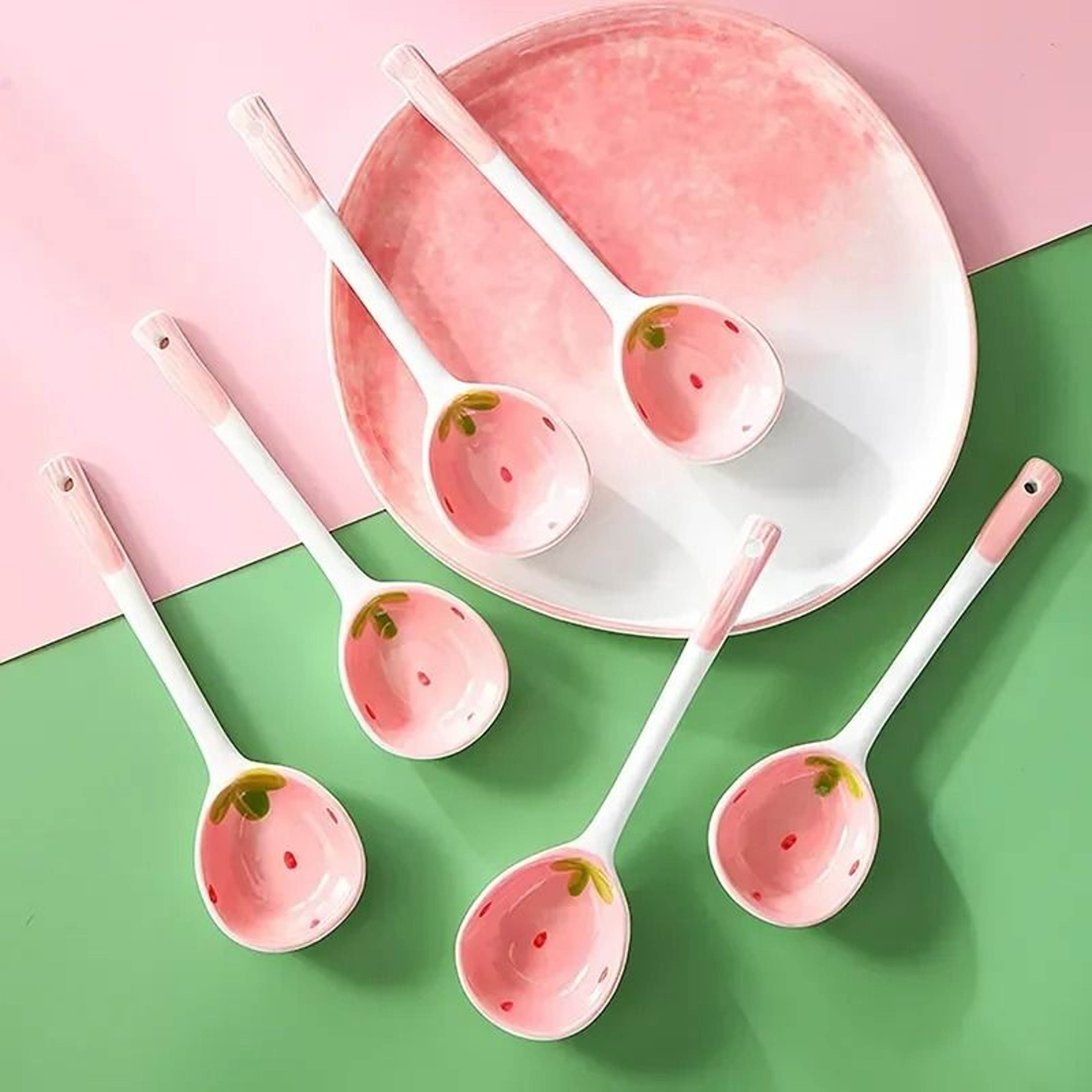 Kawaii Strawberry Ceramic Soup Spoon Long Handle Dessert Spoon 3