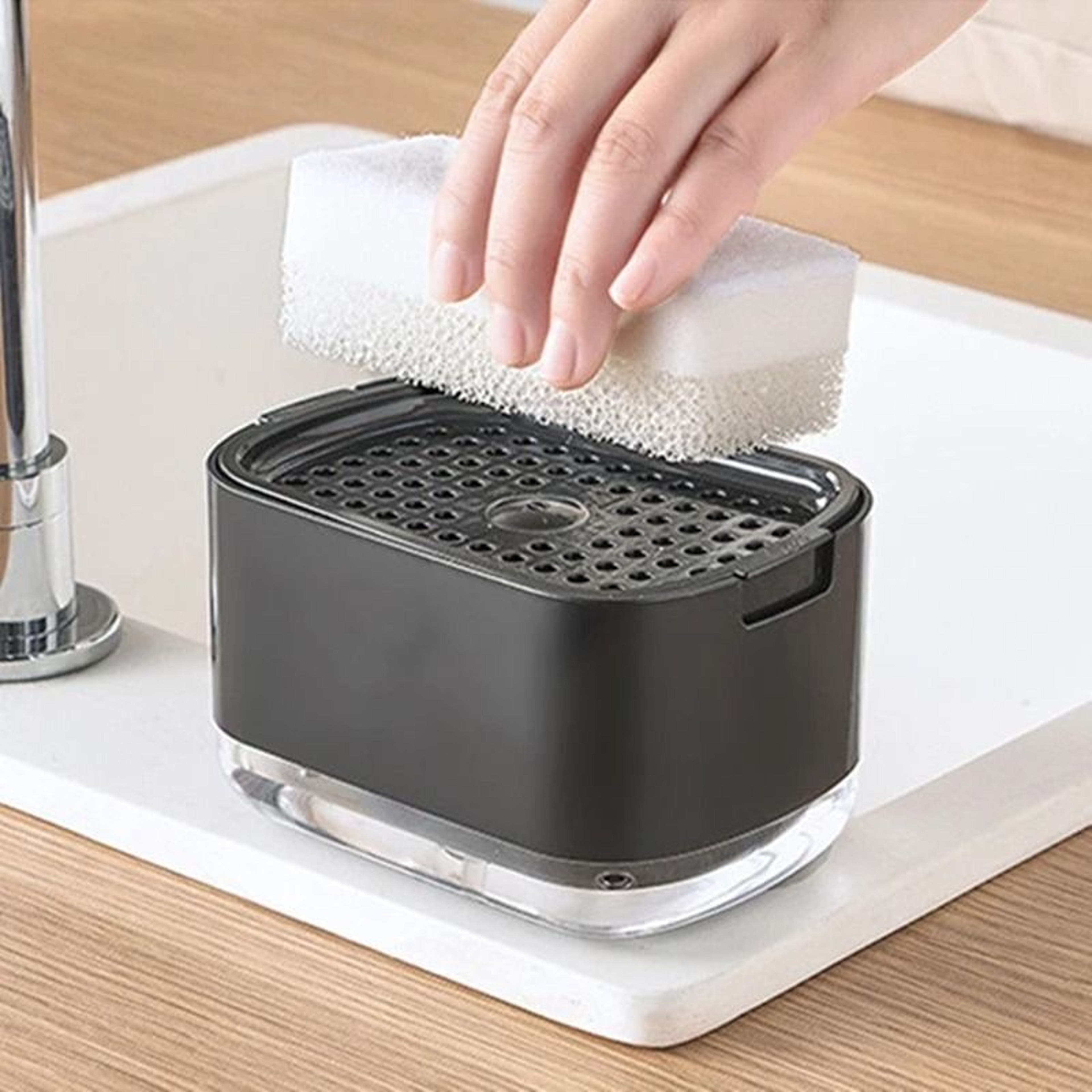 Press Soap Dispenser Box With Sponge Holder For Kitchen And Bathroom 2