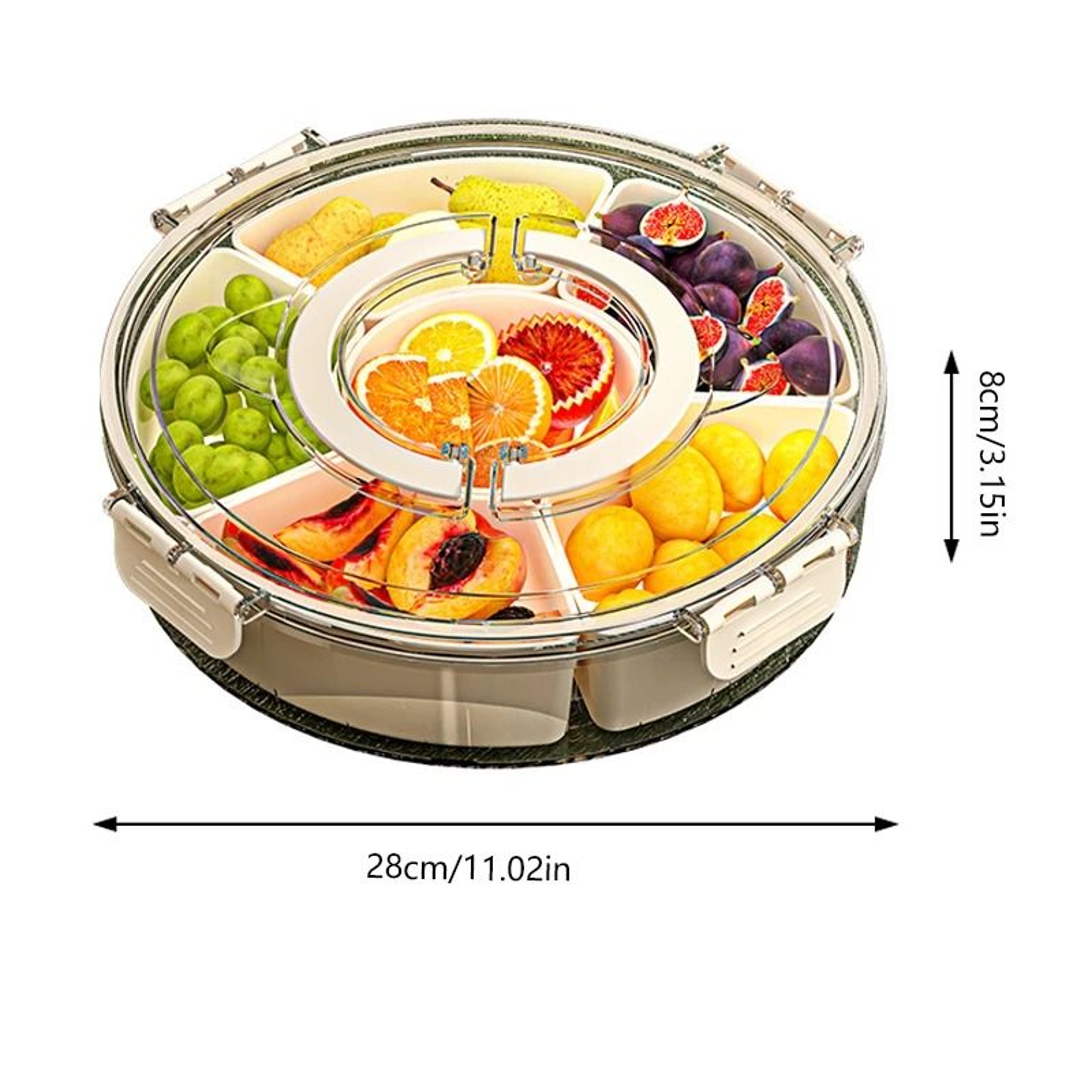 Round Rotating Fruit Tray With Lid And Handle Six Compartment Snack Organizer 5