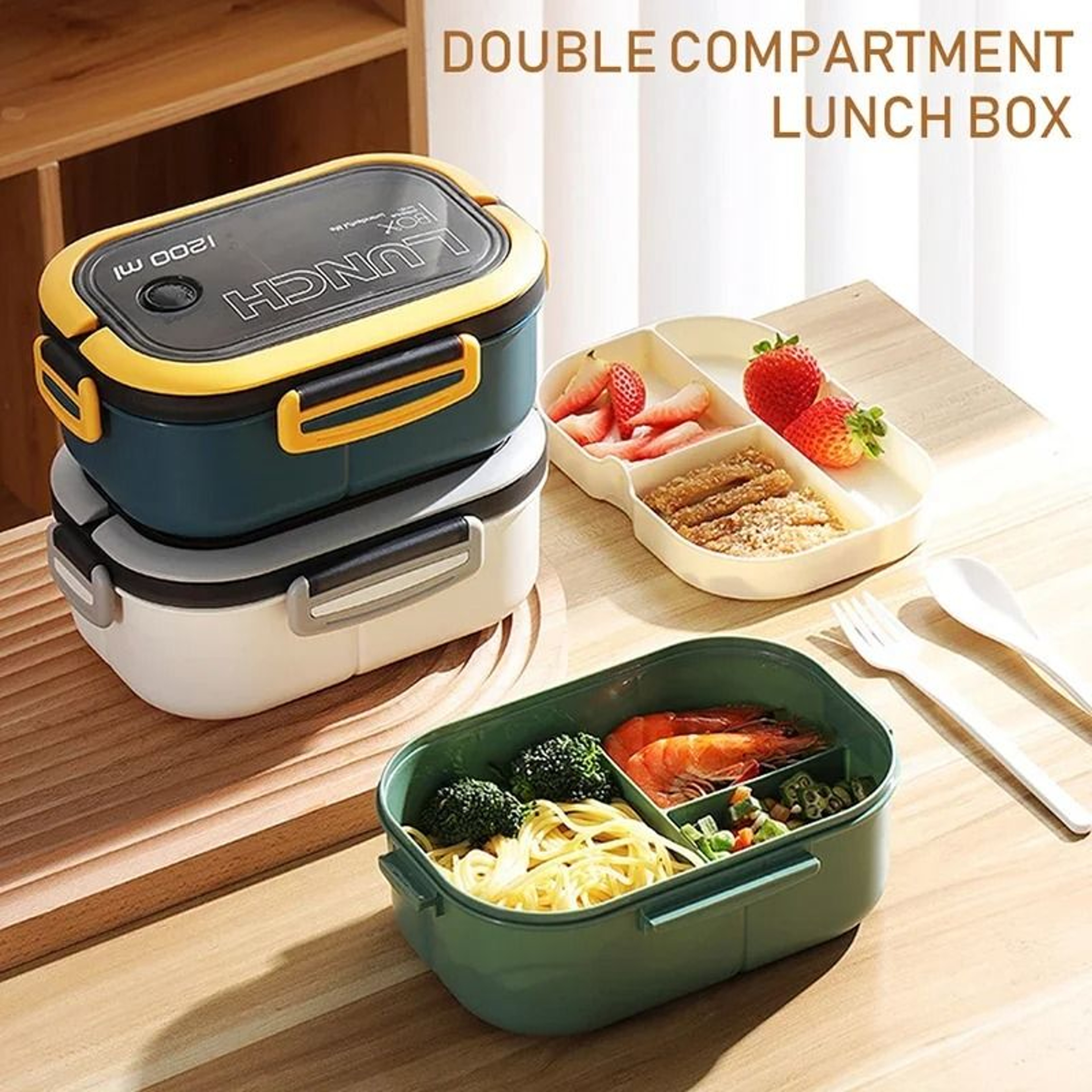 Double Layer Bento Lunch Box With Spoon And Fork Leakproof Food Container 3