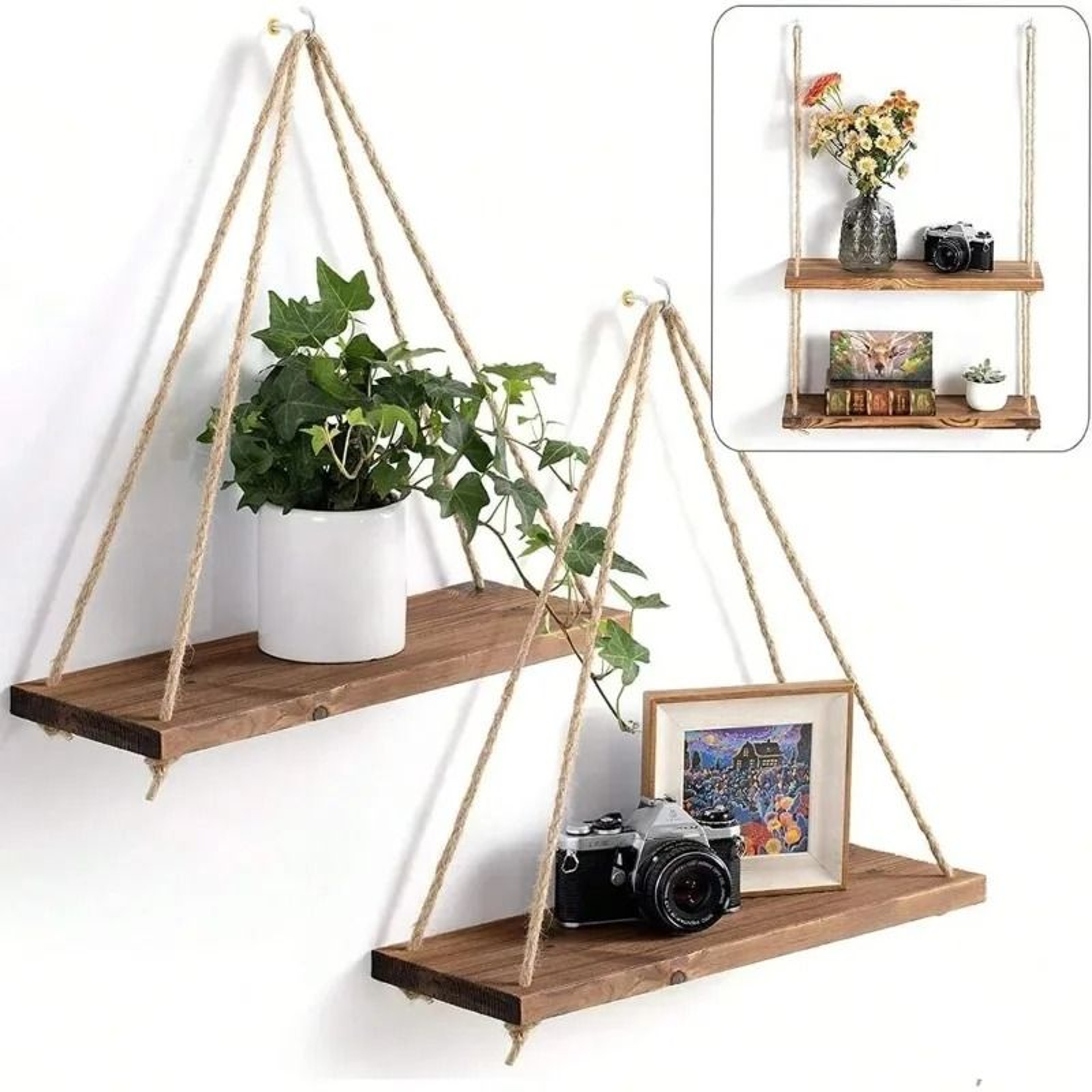 Wooden Hanging Rope Shelf Floating Wall Plant Display Tray 0