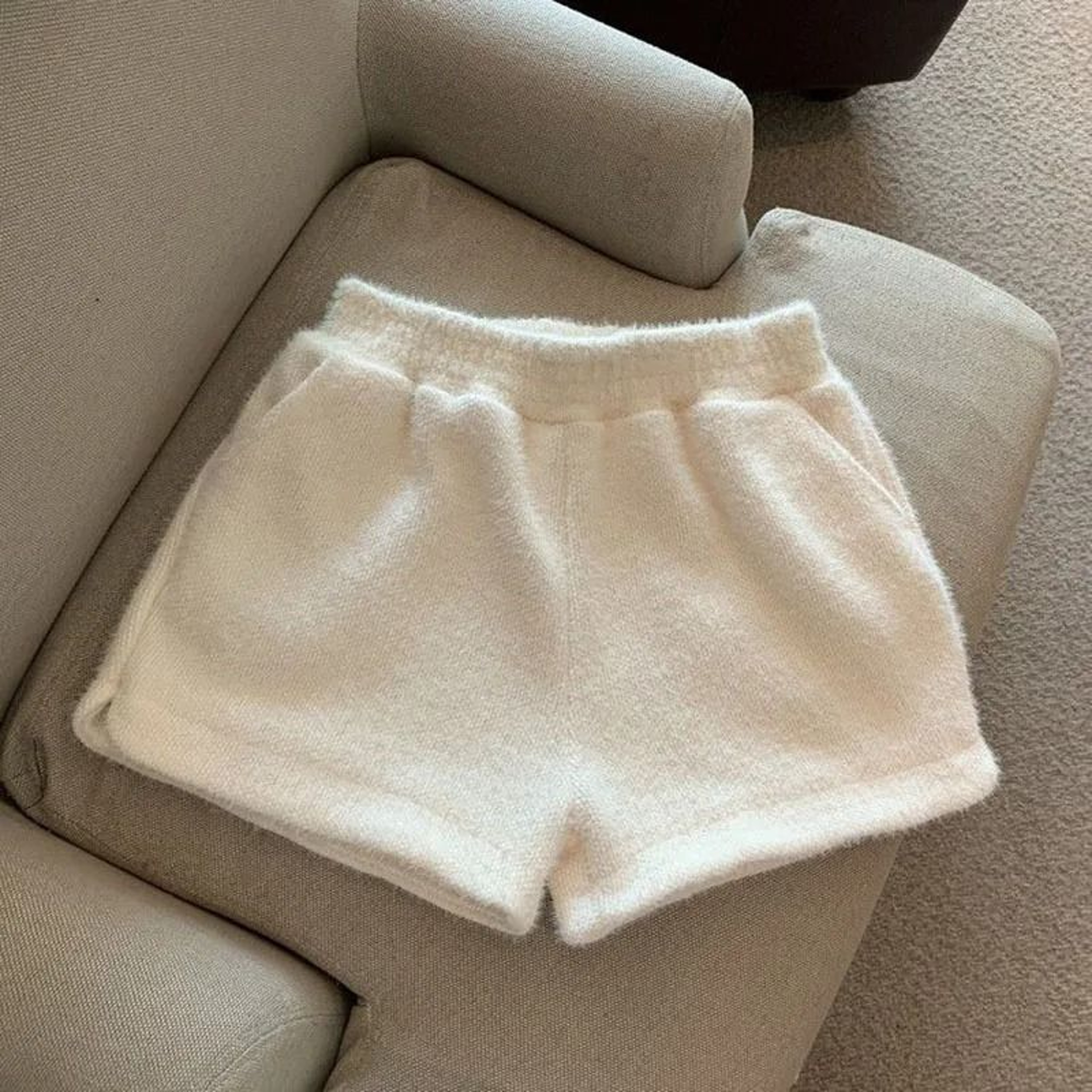 Womens Faux Mink Plush High Waist Winter Shorts Korean Style Loose Wide Leg Casual Shorts 7