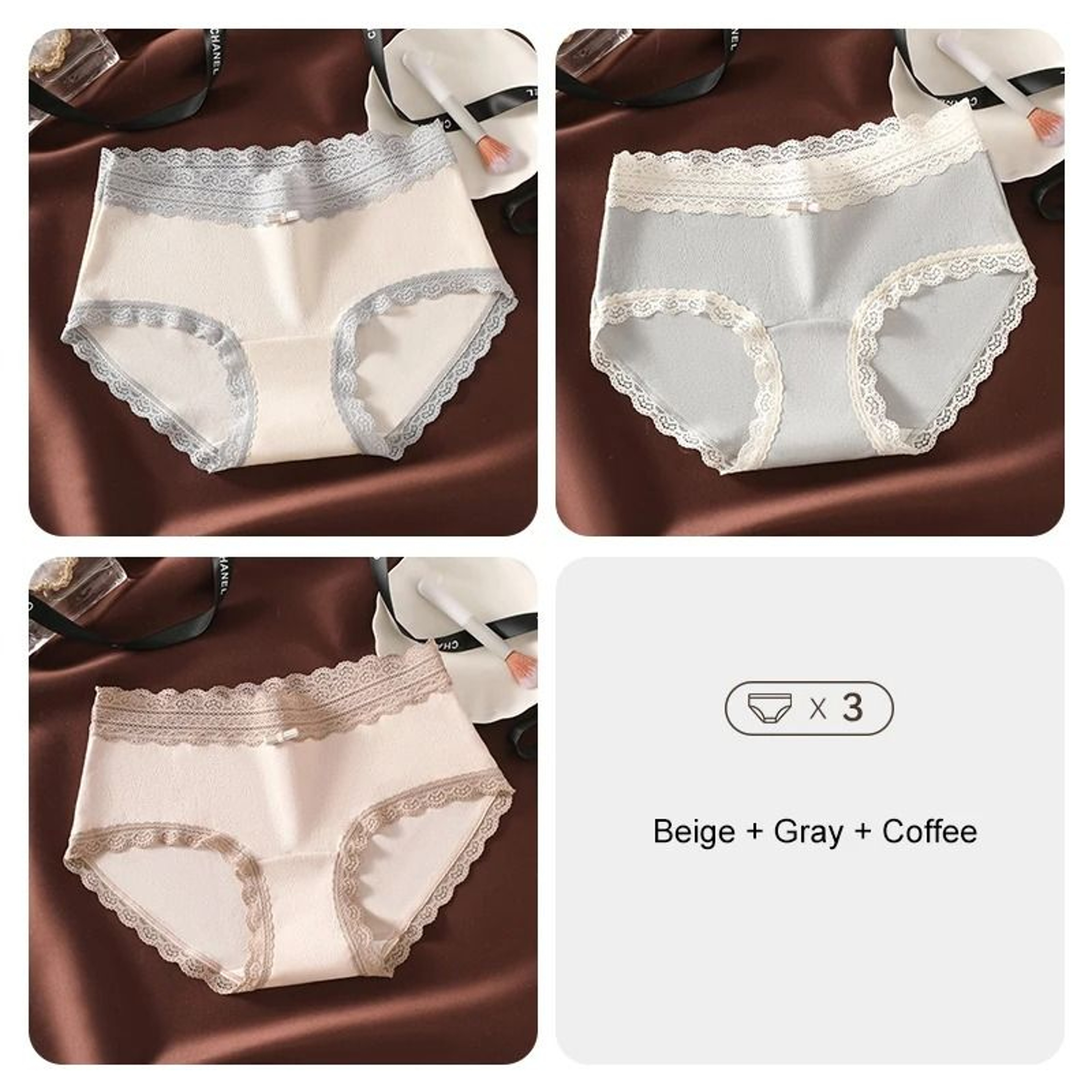 3 Piece Floral Lace Seamless Briefs For Women Sexy Stretch Underwear Set 7