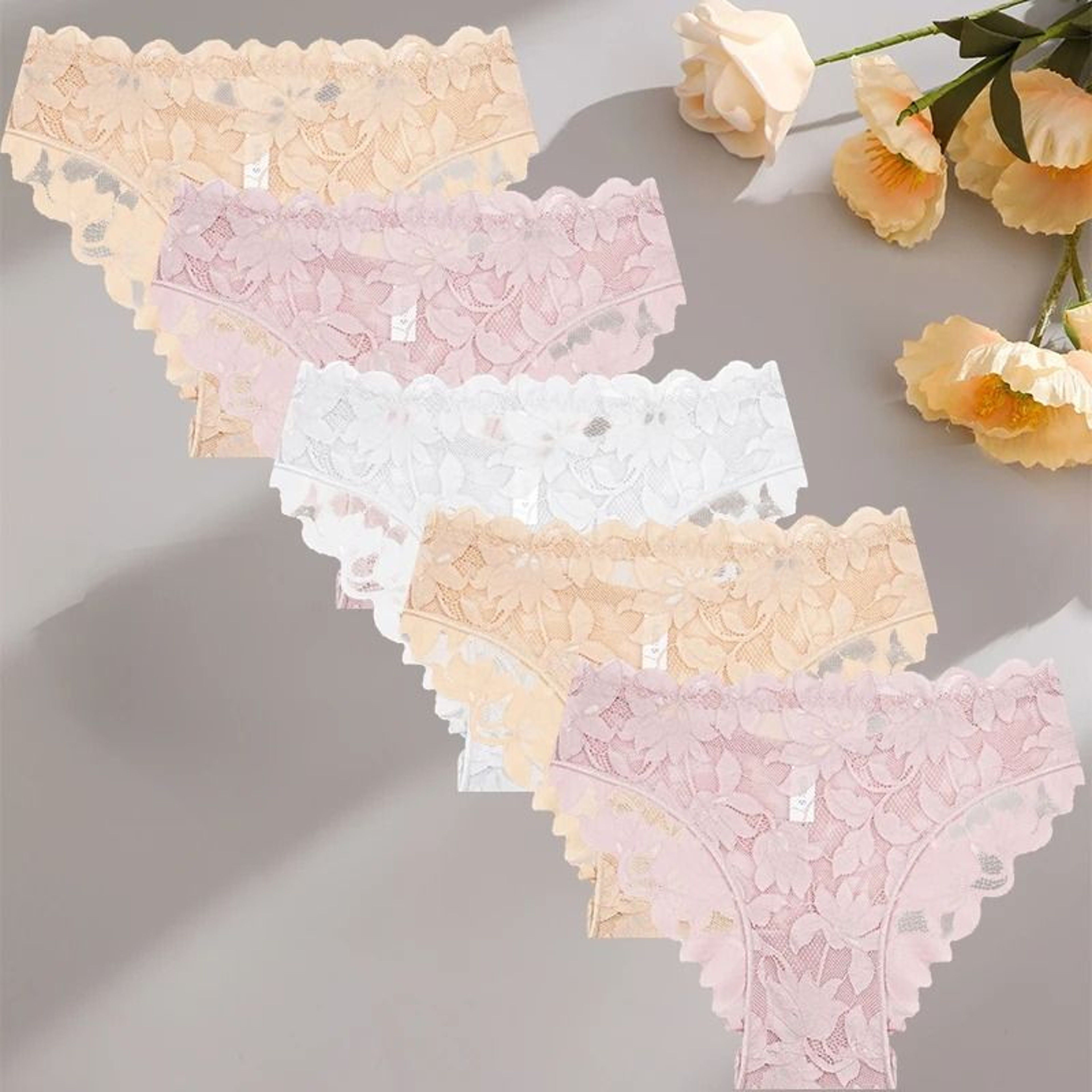 5 Piece Satin Floral Lace Panty Set For Women With Sheer Patchwork And Soft Stretch Fit 7