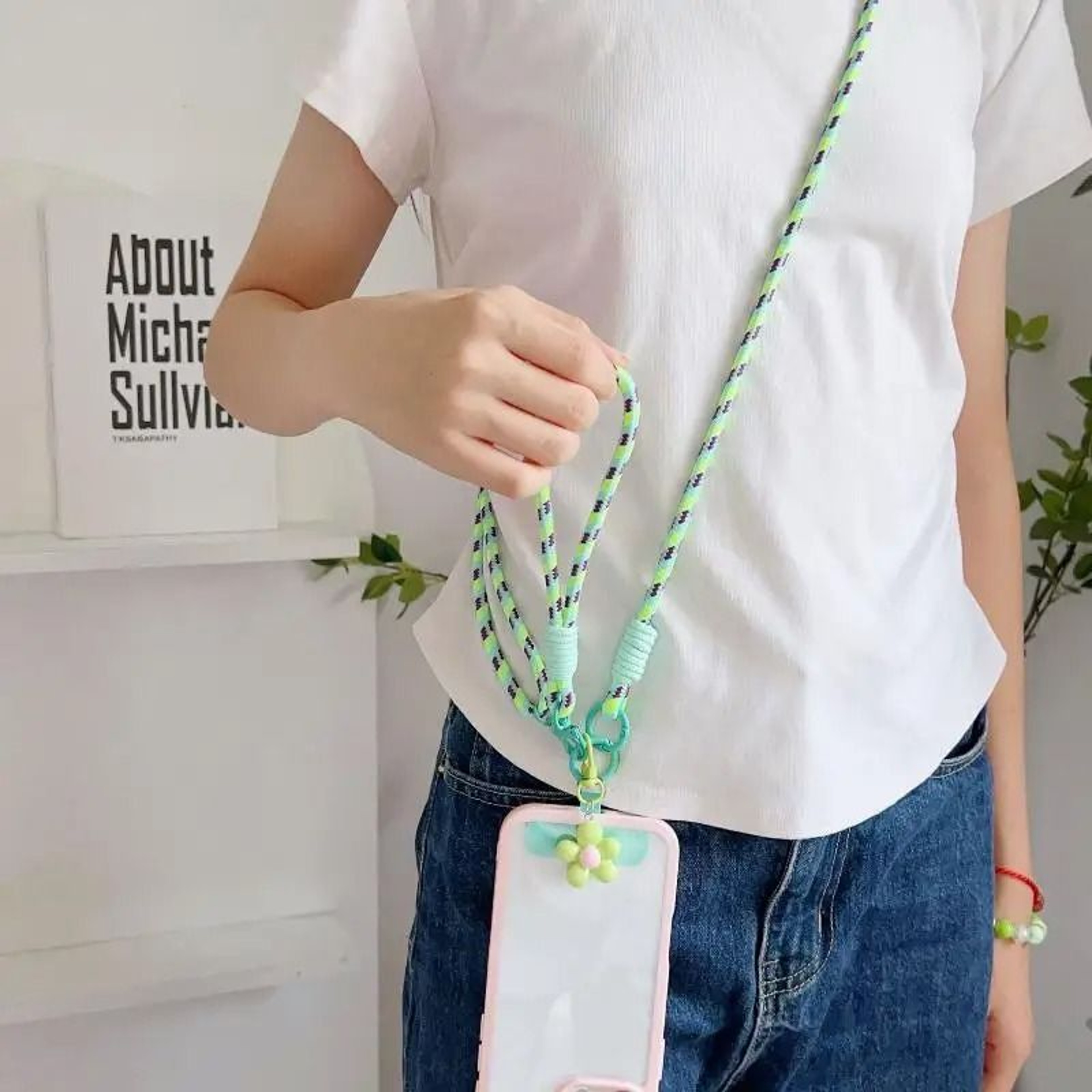 Colorful Nylon Phone Lanyard Shoulder Strap With Flower Charm 4