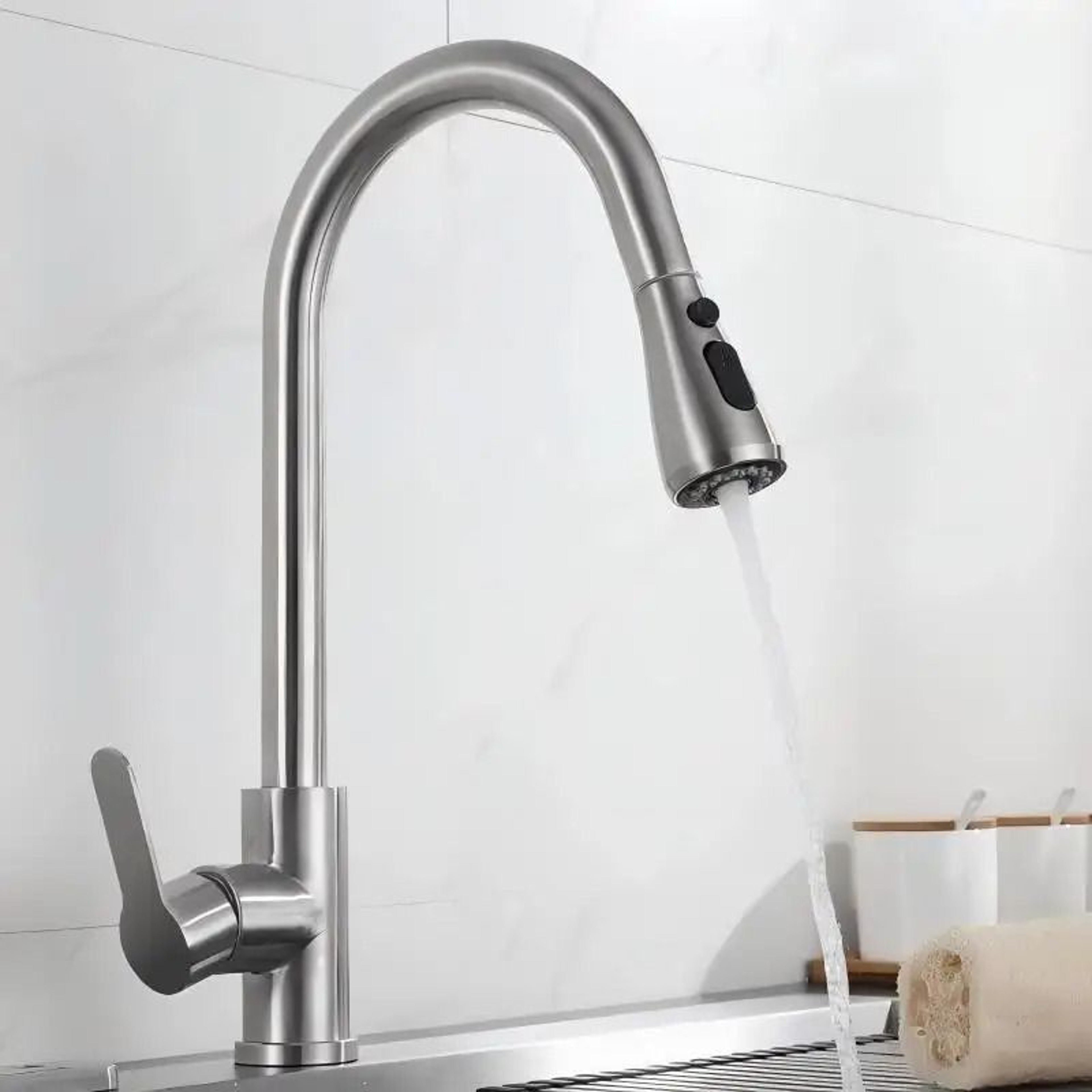 304 Stainless Steel PullOut Kitchen Sink Faucet Deck Mounted Mixer With Stream Sprayer 21