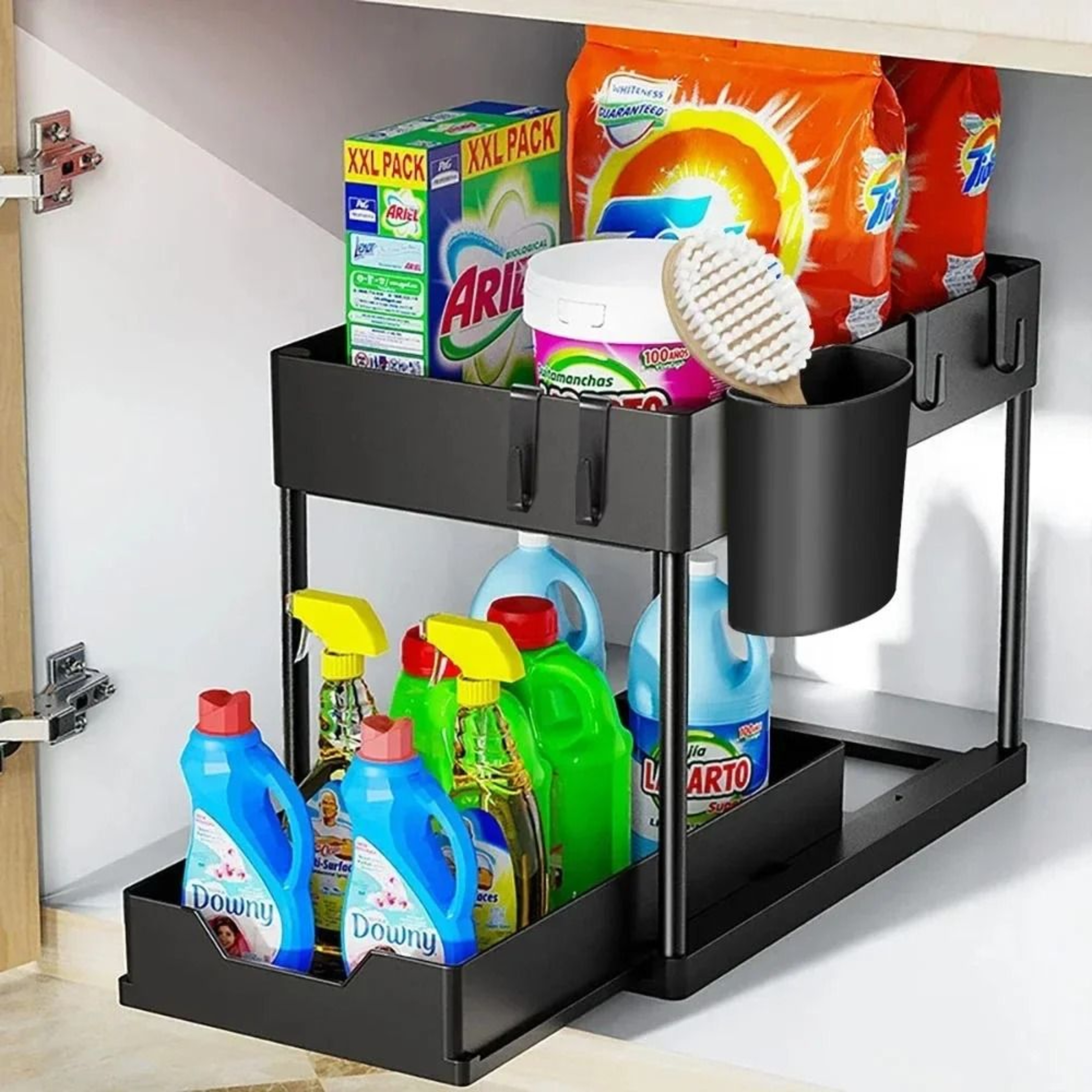 2 Tier Under Sink Organizer Sliding Cabinet Basket Storage Rack With Hooks And Hanging Cup 6