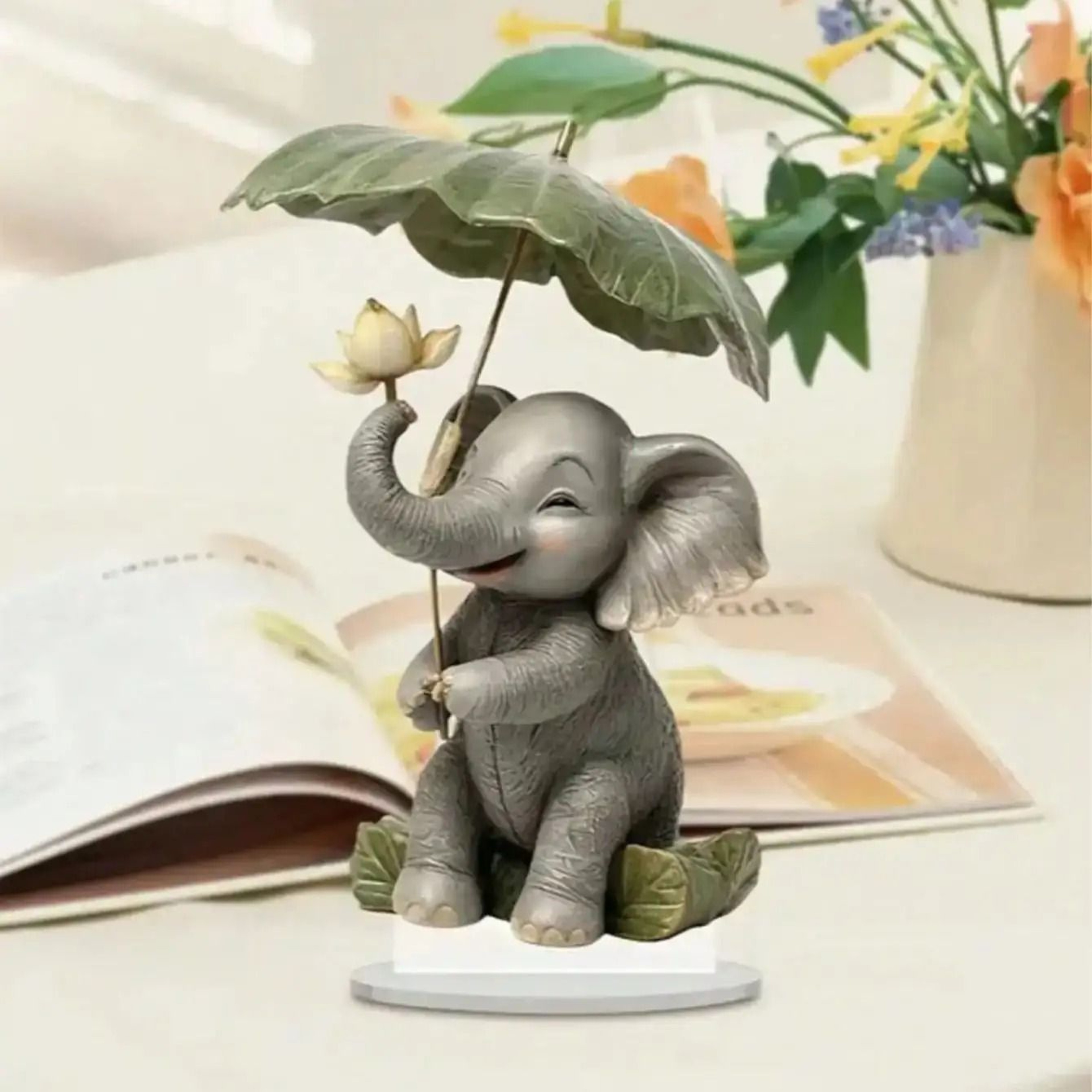 Bohemian Style Elephant Decoration Ornament With Lotus Leaf Umbrella 1