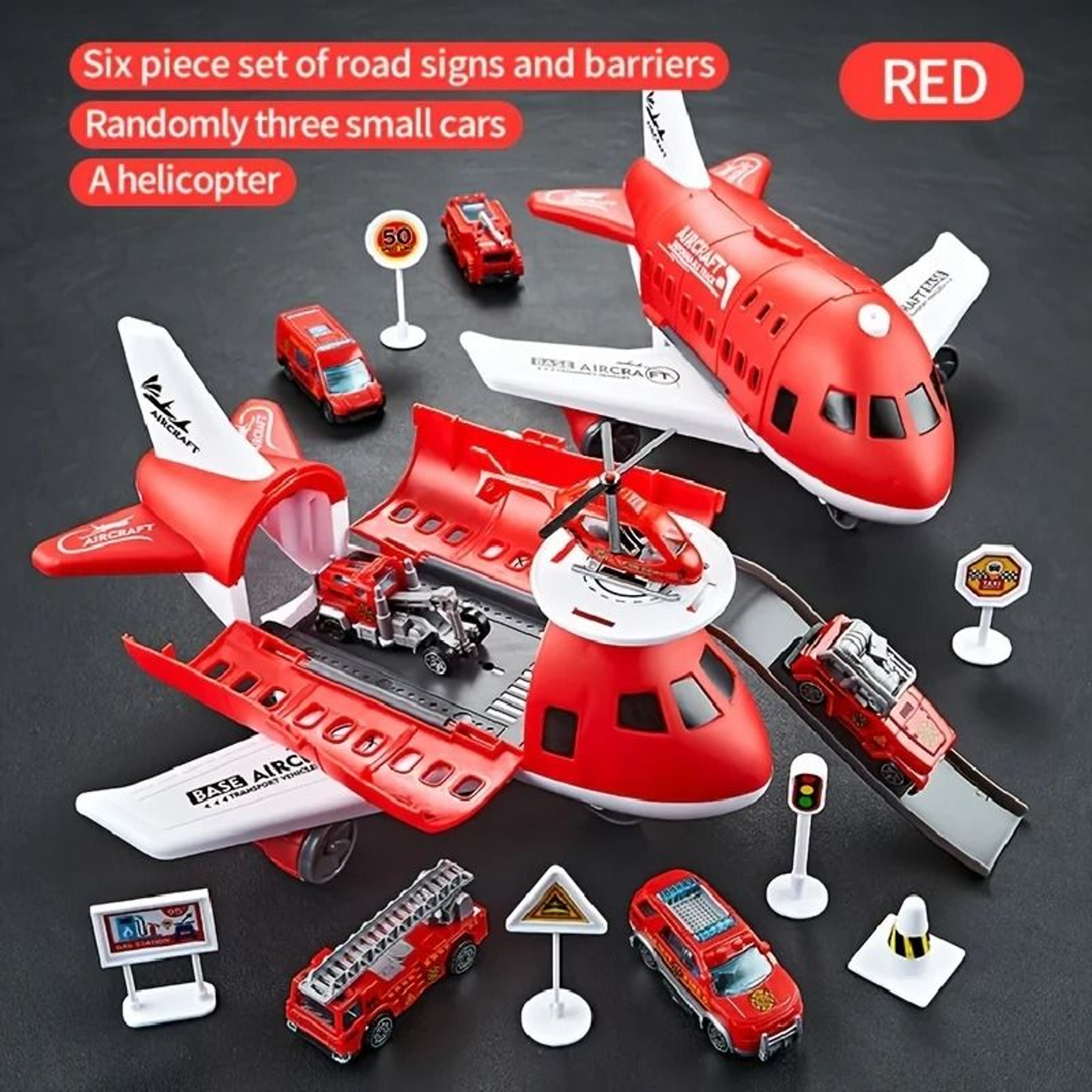 Childrens Airplane Transport Toy Set  Inertial Model With Rescue Cars  Helicopter 9