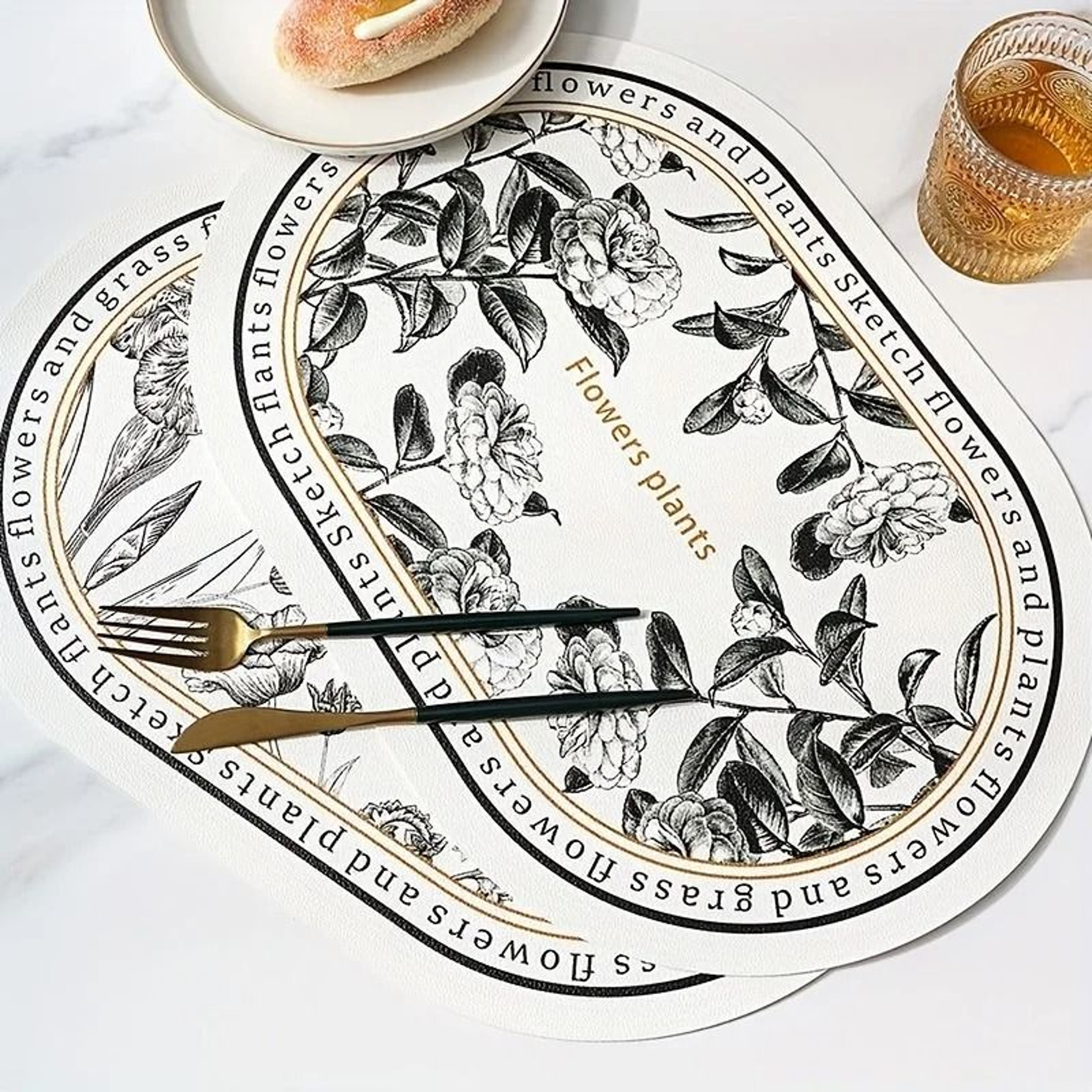 Floral Elliptical PU Leather Placemats  Waterproof  HeatResistant Sketch Flower Table Mats 0