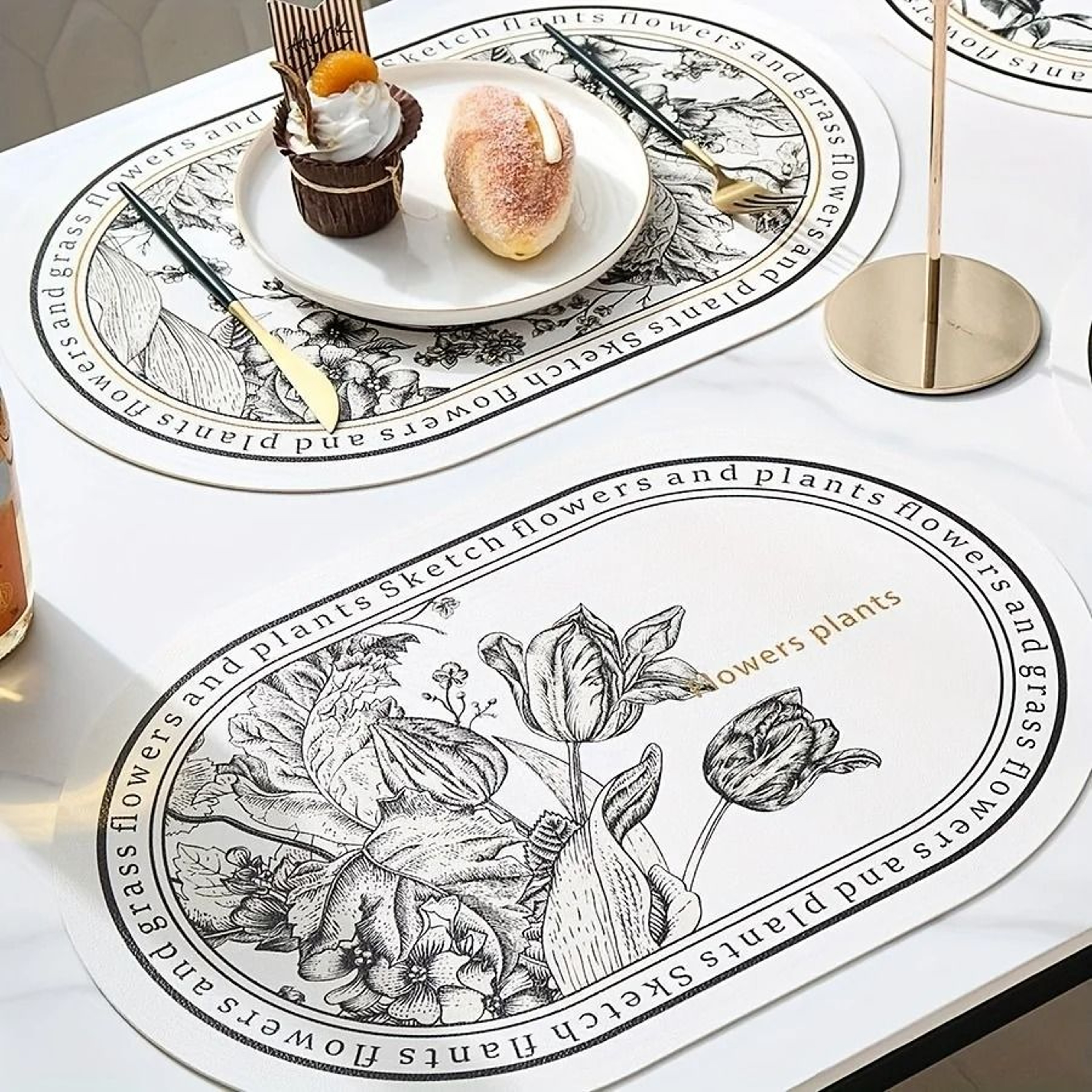 Floral Elliptical PU Leather Placemats  Waterproof  HeatResistant Sketch Flower Table Mats 3