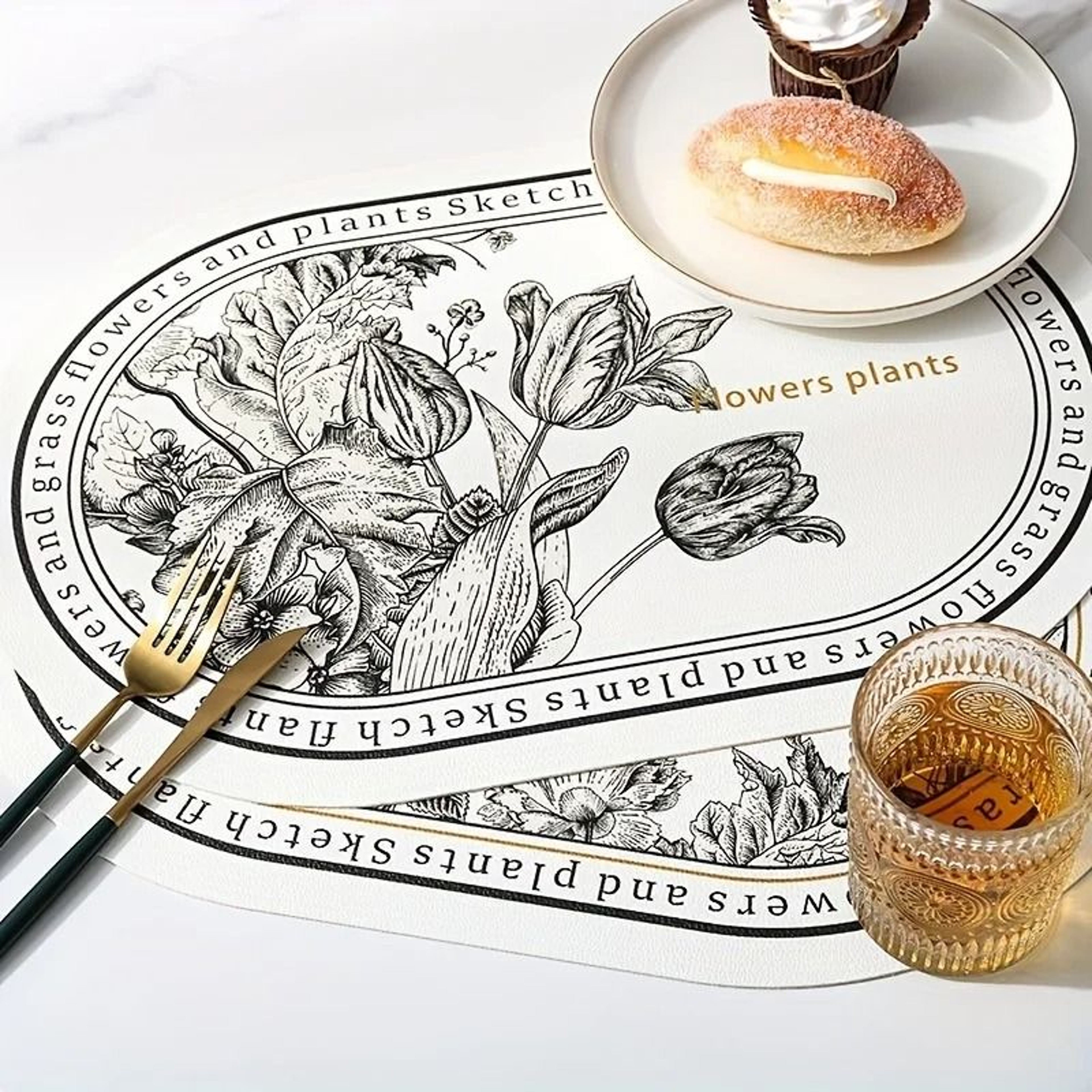 Floral Elliptical PU Leather Placemats  Waterproof  HeatResistant Sketch Flower Table Mats 5