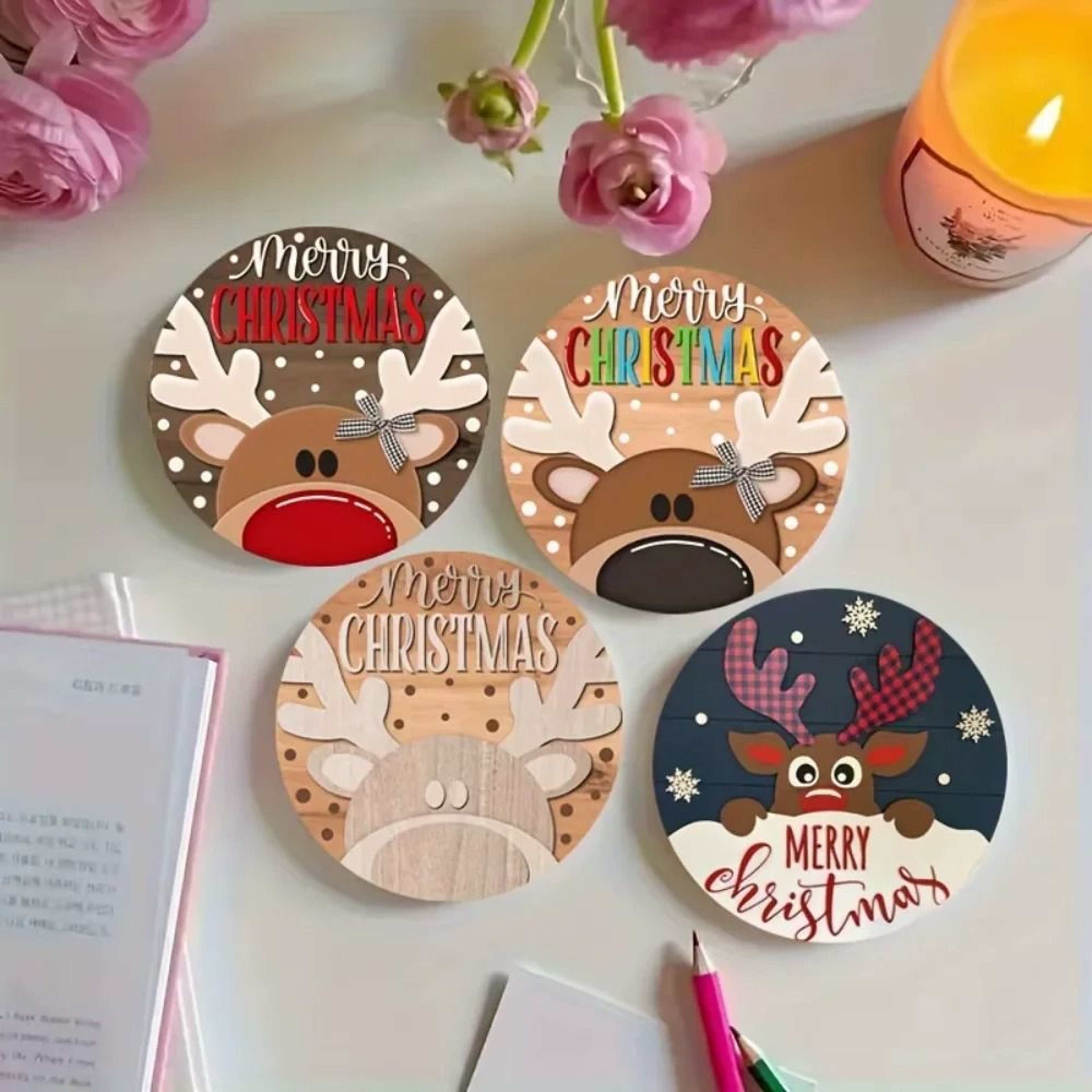 Premium 6Piece Wooden Christmas Coaster Set  HeatResistant  AntiSlip Reindeer Decor 3