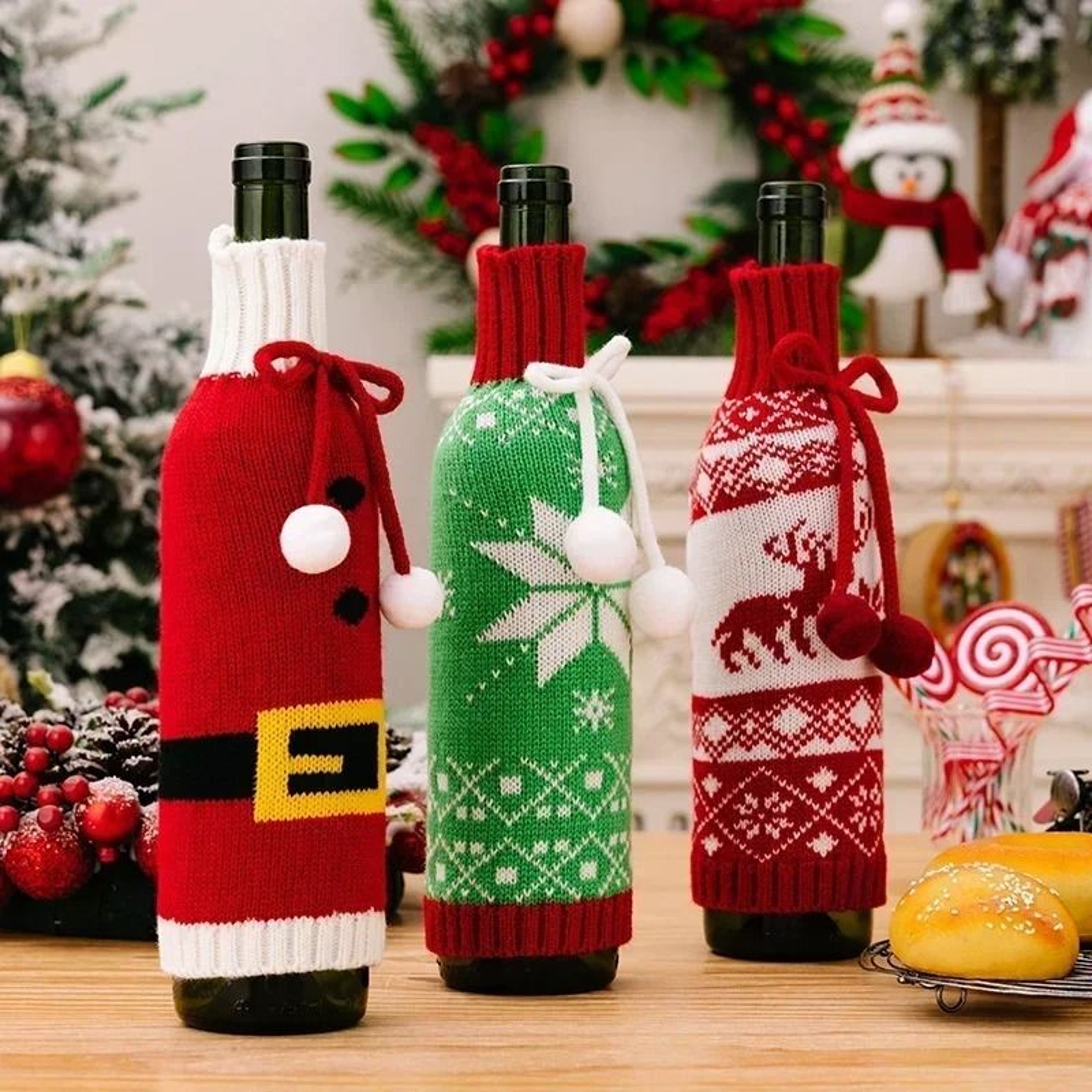 Festive Christmas Wine Bottle Covers  Cartoon Santa  Snowman Knitted Bags For Holiday Decor 1